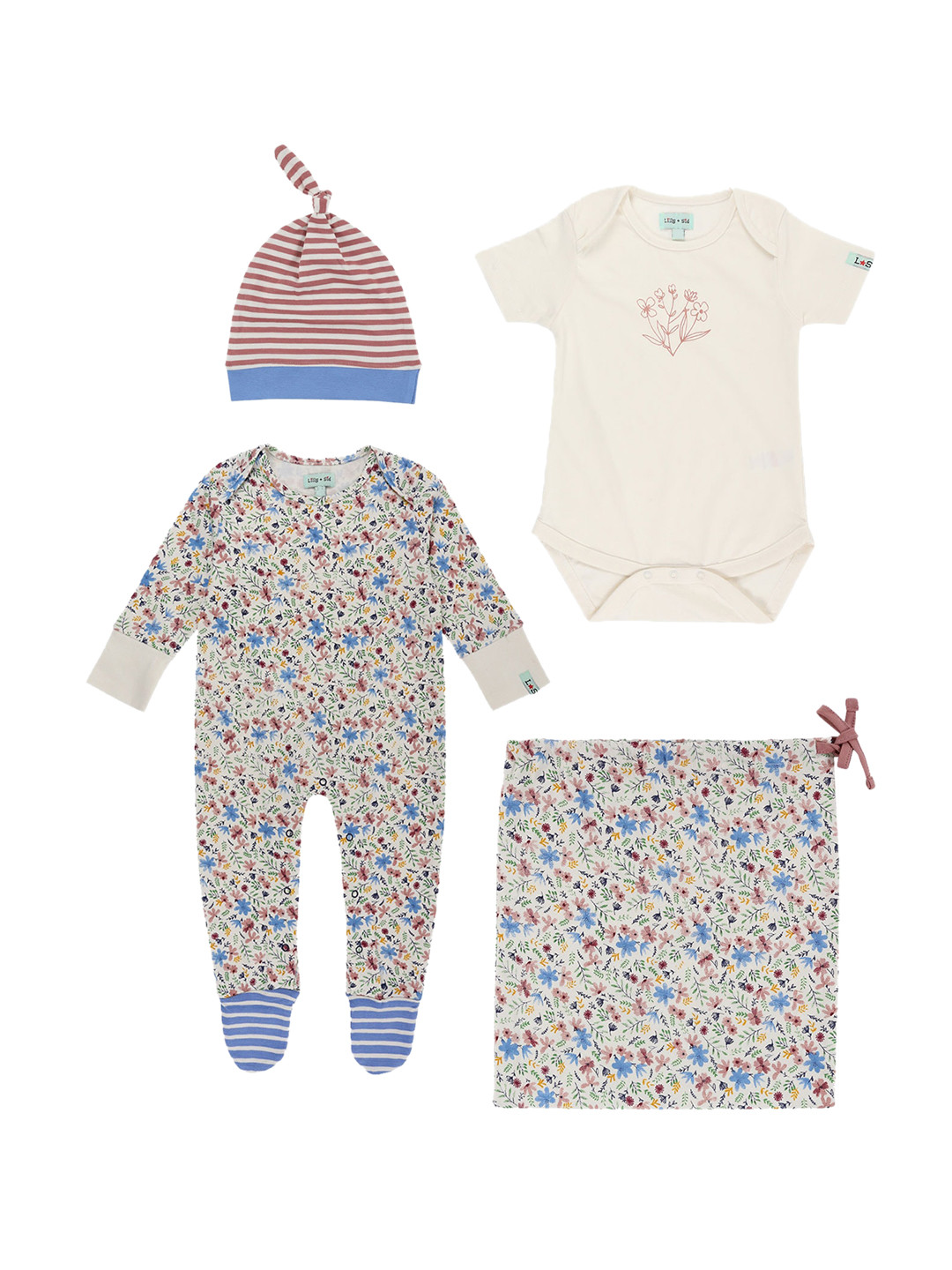 

Lilly and Sid Infants Girls Set Of 4 Blue & Beige Printed Pure Cotton Baby Apparel Gift Set
