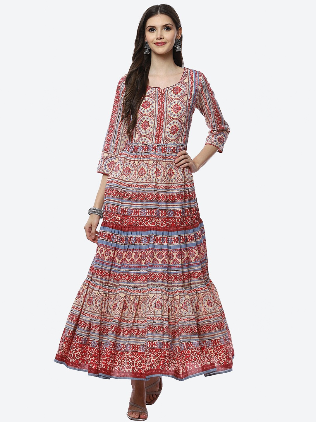 

Biba Cream-Coloured & Red Ethnic Motifs Ethnic Maxi Dress