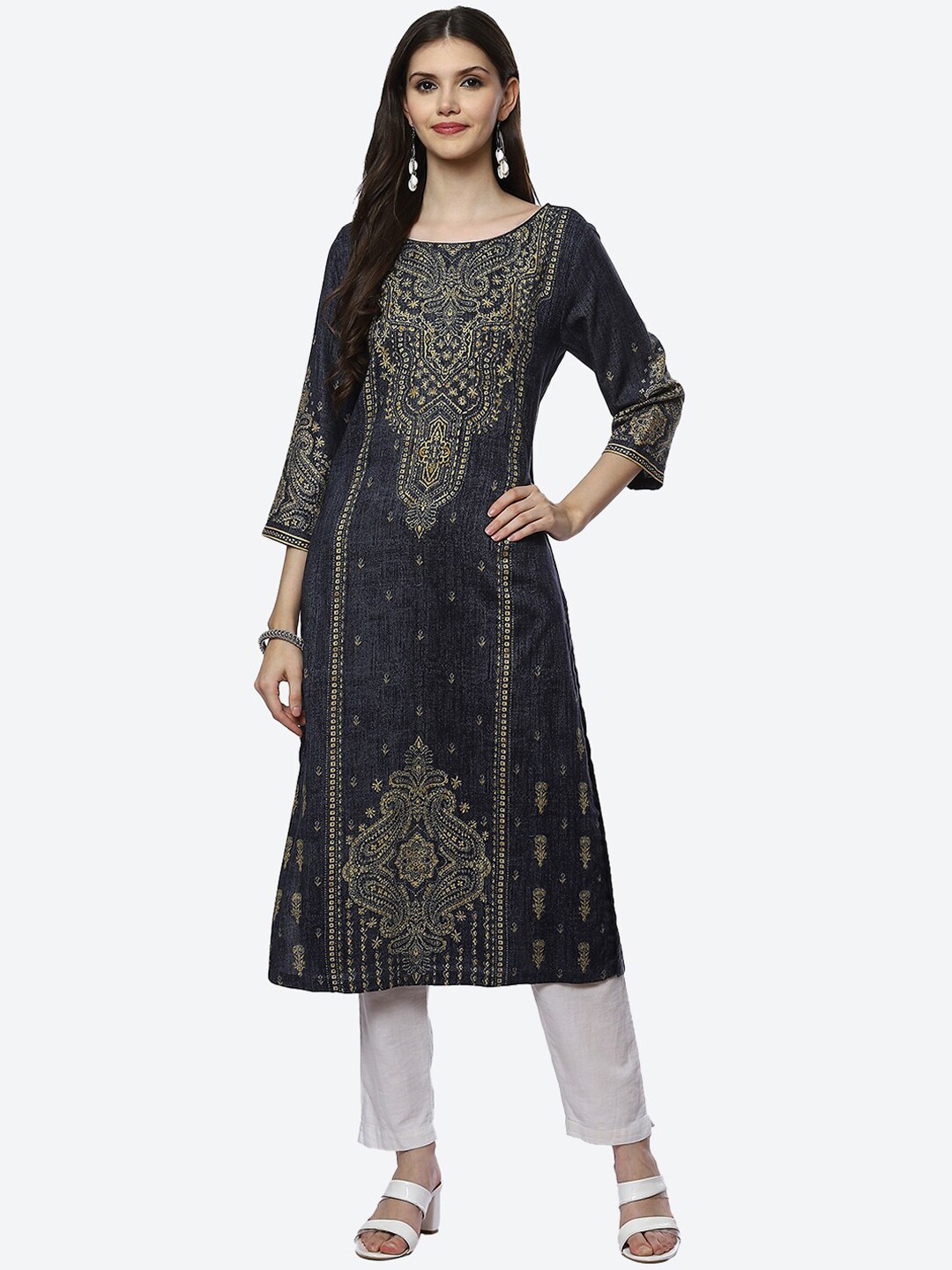 

Biba Women Blue & Gold-Toned Ethnic Motifs Printed Kurta