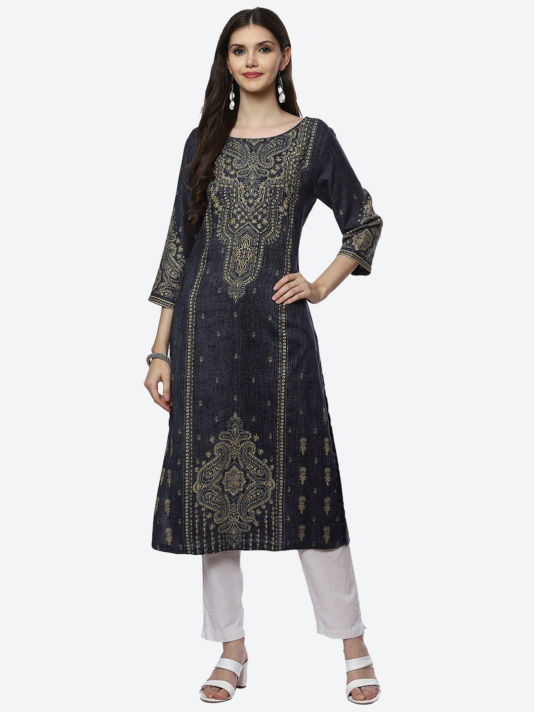 

Biba Women Blue & Gold-Toned Ethnic Motifs Printed Kurta