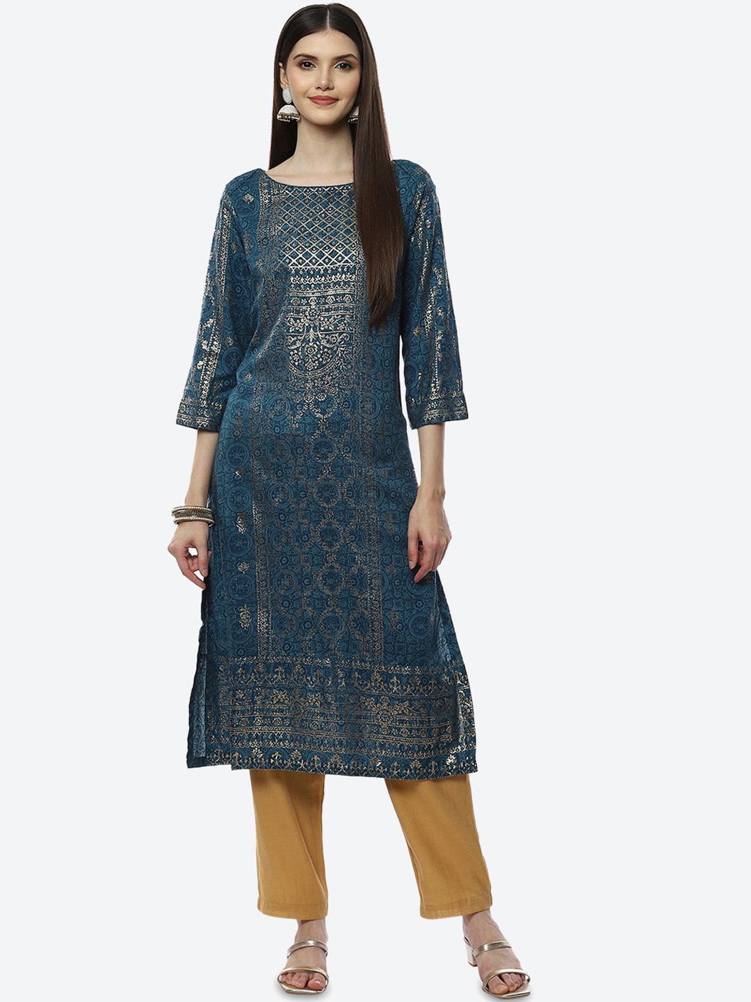 

Biba Women Teal Ethnic Motifs Printed Mirror Work Kurta