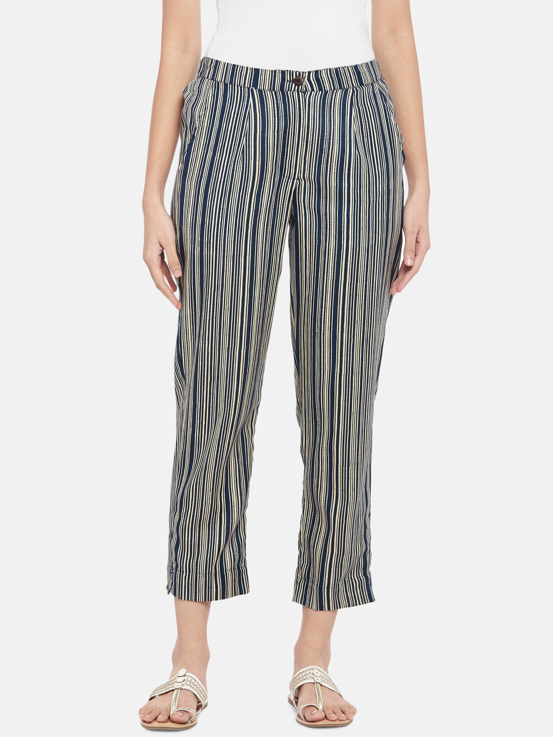 

AKKRITI BY PANTALOONS Women Blue Striped Trousers