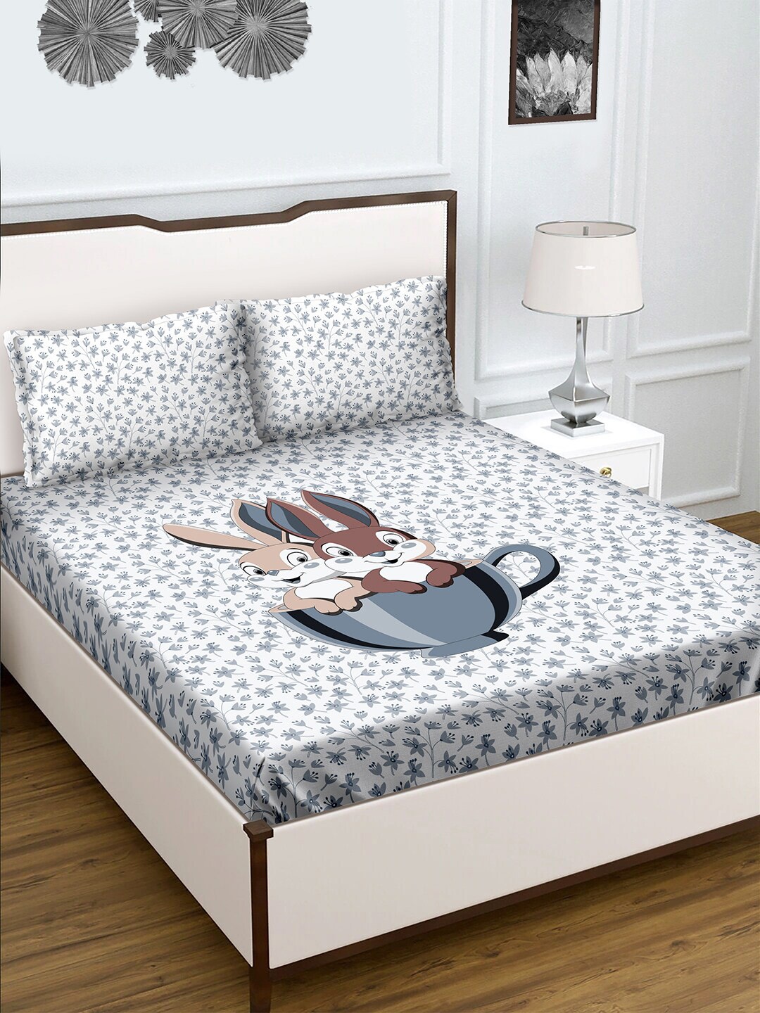 

BELLA CASA Blue and White Cotton 180TC Double Bedsheet with 2 Pillow Covers