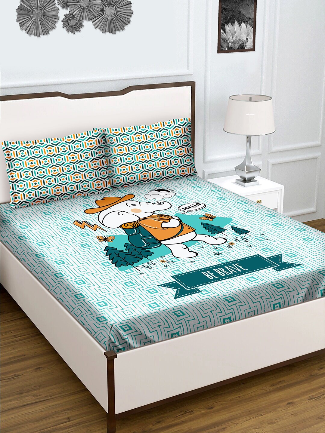 

BELLA CASA Green and White Cotton 180TC Double Bedsheet with 2 Pillow Covers