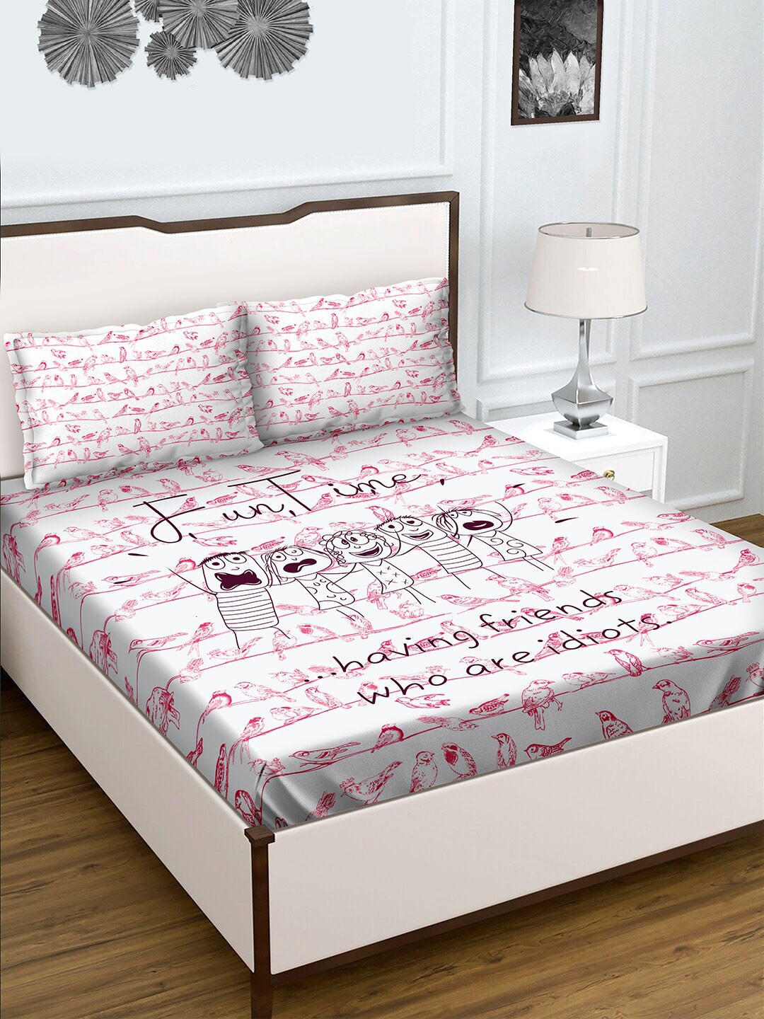 

BELLA CASA Pink and Off white Cotton 180TC Double Bedsheet with 2 Pillow Covers
