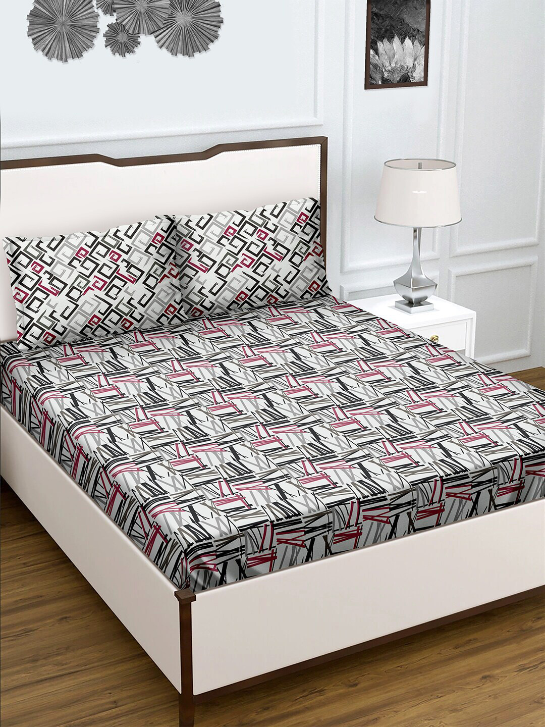 

BELLA CASA Grey and Black Cotton 180TC Double Bedsheet with 2 Pillow Covers, Pink