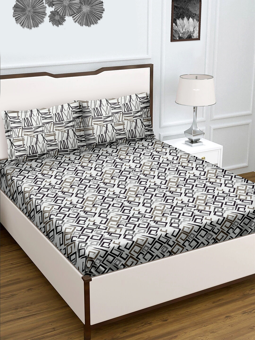 

BELLA CASA Grey & Black Cotton 180TC Double Bedsheet with 2 Pillow Covers