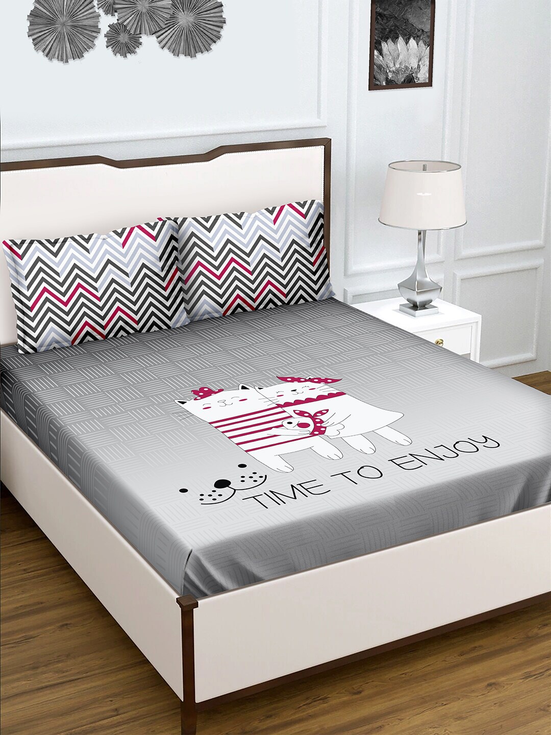 

BELLA CASA Grey Cotton 180TC Double Bedsheet with 2 Pillow Covers