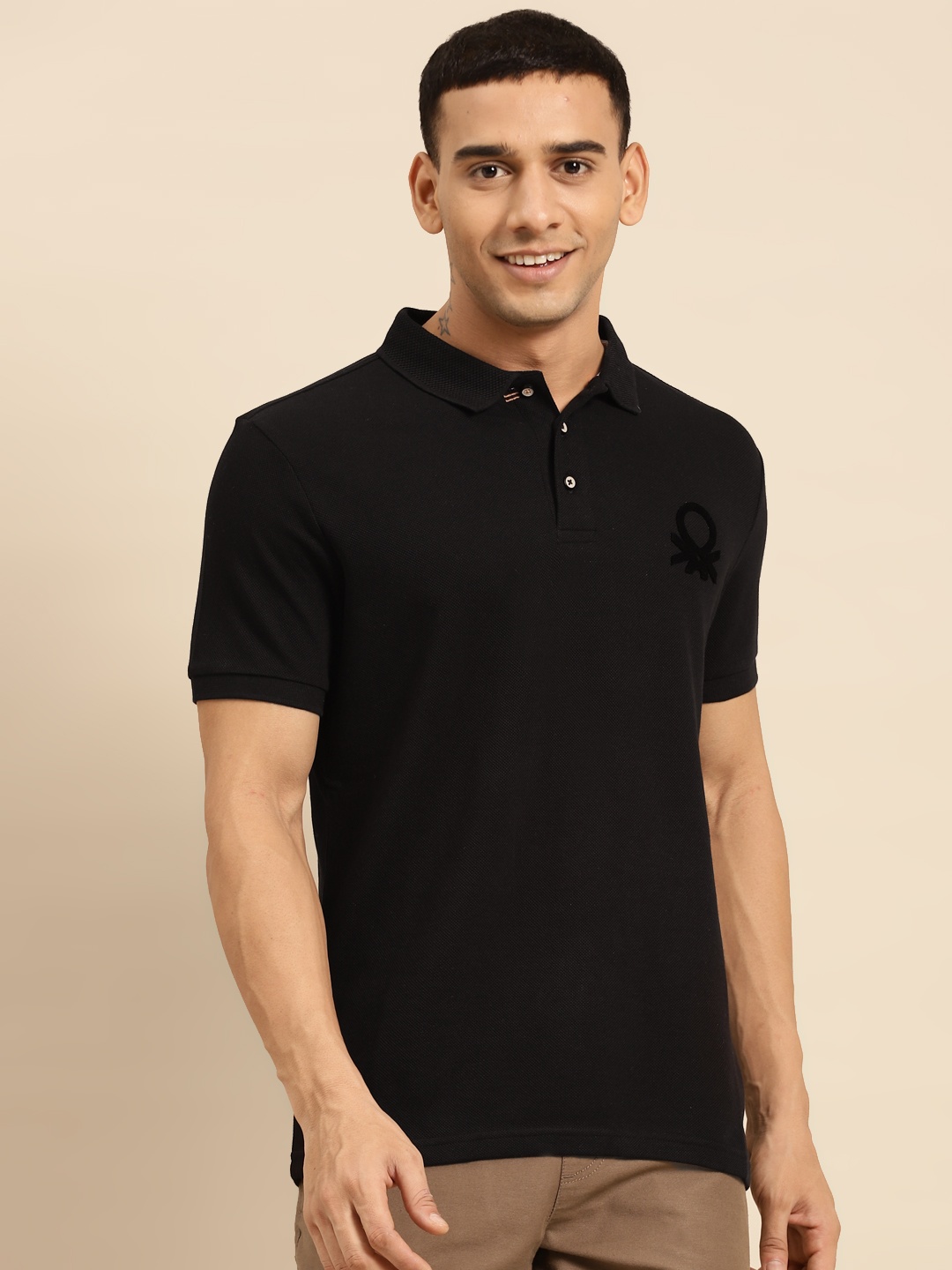 United Colors of Benetton Men Black Polo Collar Pure Cotton T-shirt