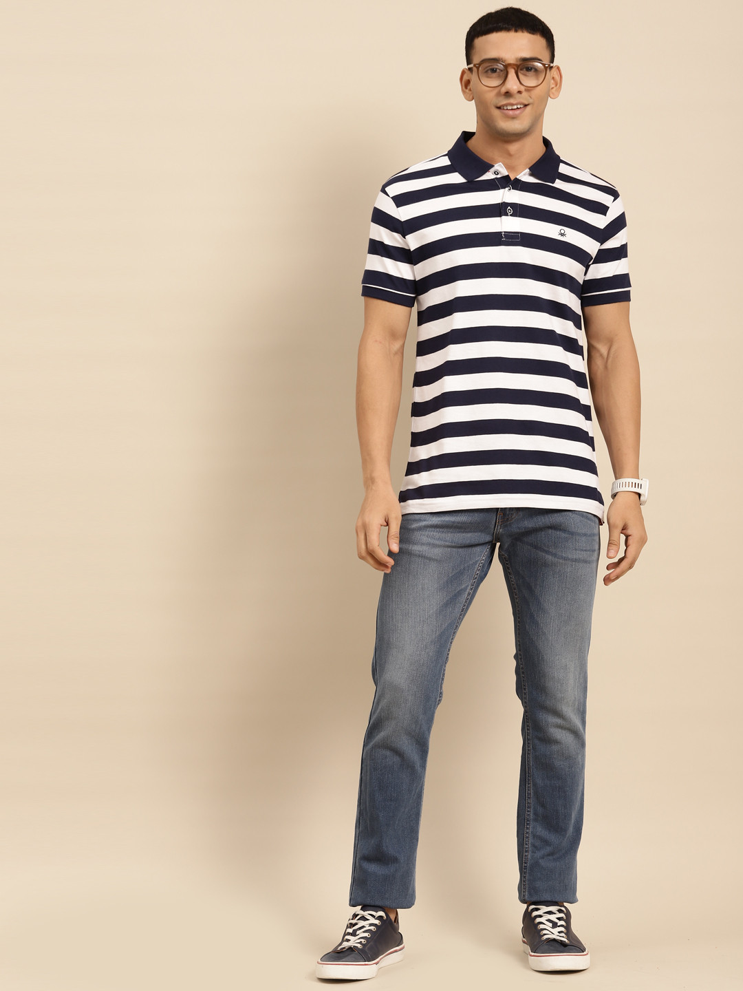 

United Colors of Benetton Men White & Navy Blue Striped Polo Collar T-shirt