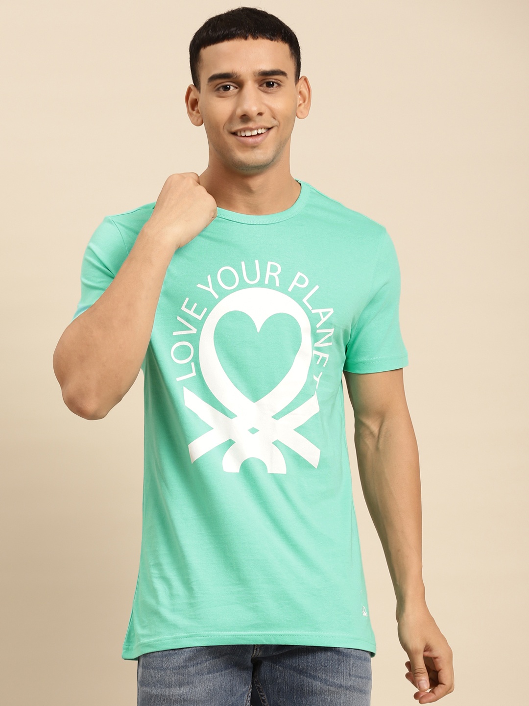 

United Colors of Benetton Men Sea Green & White Brand Logo Printed T-shirt