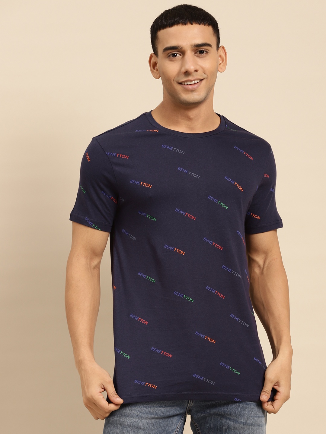 

United Colors of Benetton Men Navy Blue & Green Typography Printed T-shirt