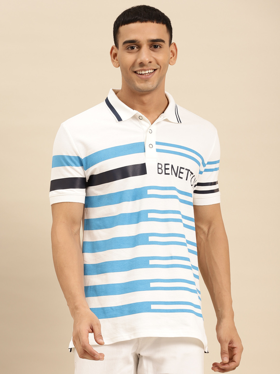 

United Colors of Benetton Men Off White & Blue Striped Polo Collar T-shirt