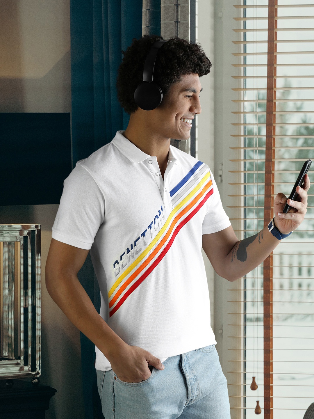 

United Colors of Benetton Men White & Yellow Striped Polo Collar Pure Cotton T-shirt