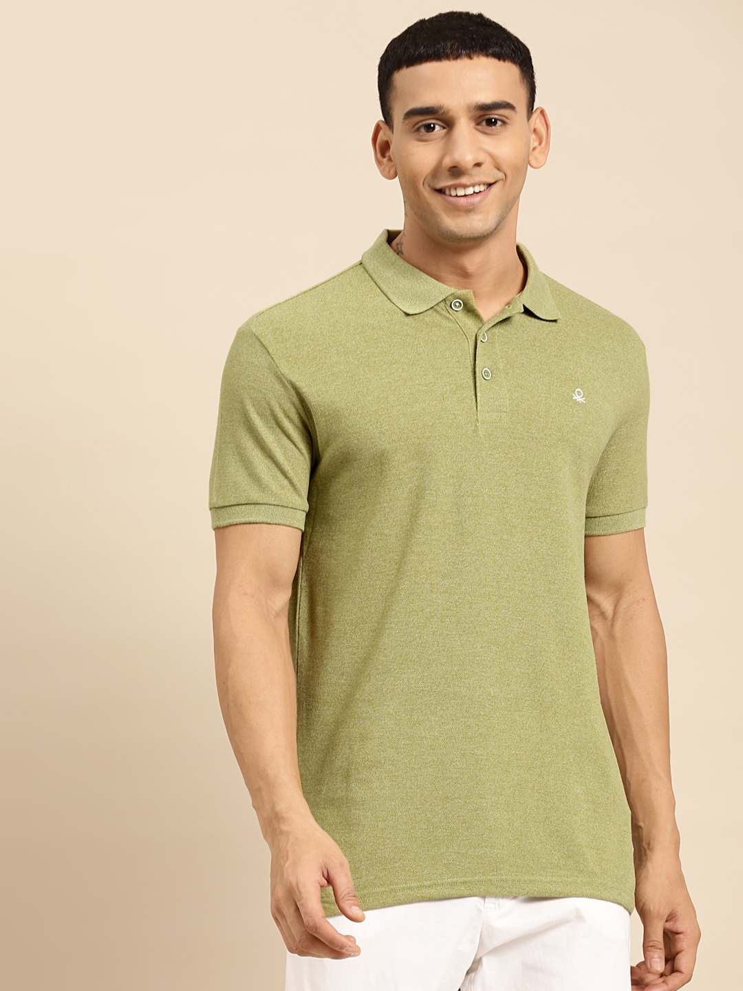 

United Colors of Benetton Men Green Polo Collar T-shirt