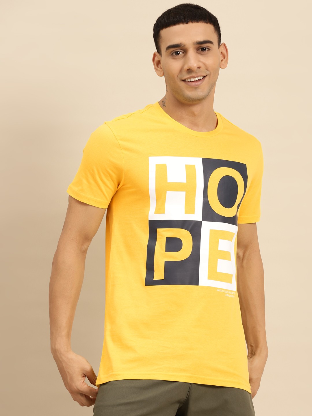 

United Colors of Benetton Men Yellow & White Typography Printed Polo Collar T-shirt