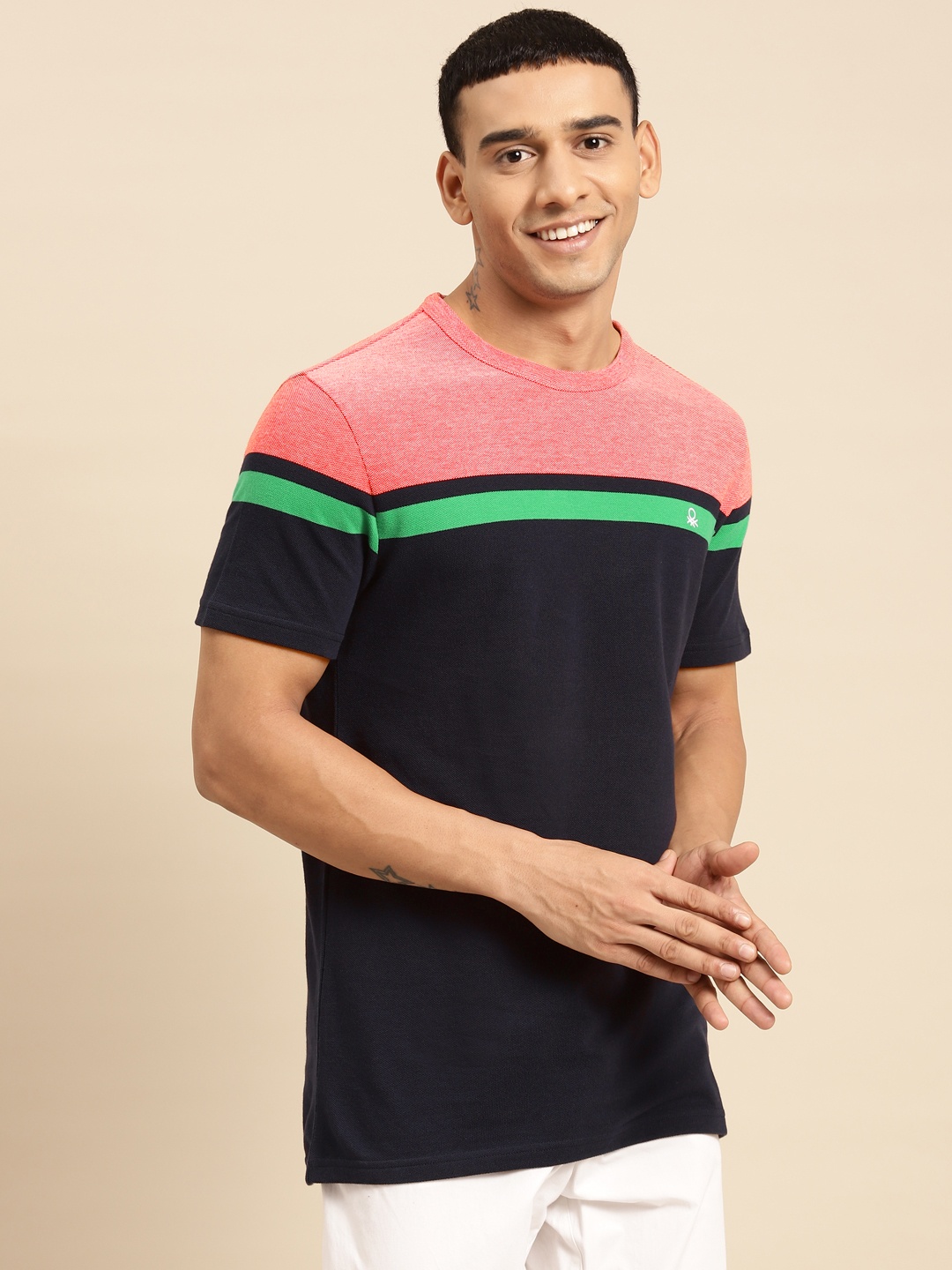 

United Colors of Benetton Men Navy Blue & Pink Colourblocked T-shirt
