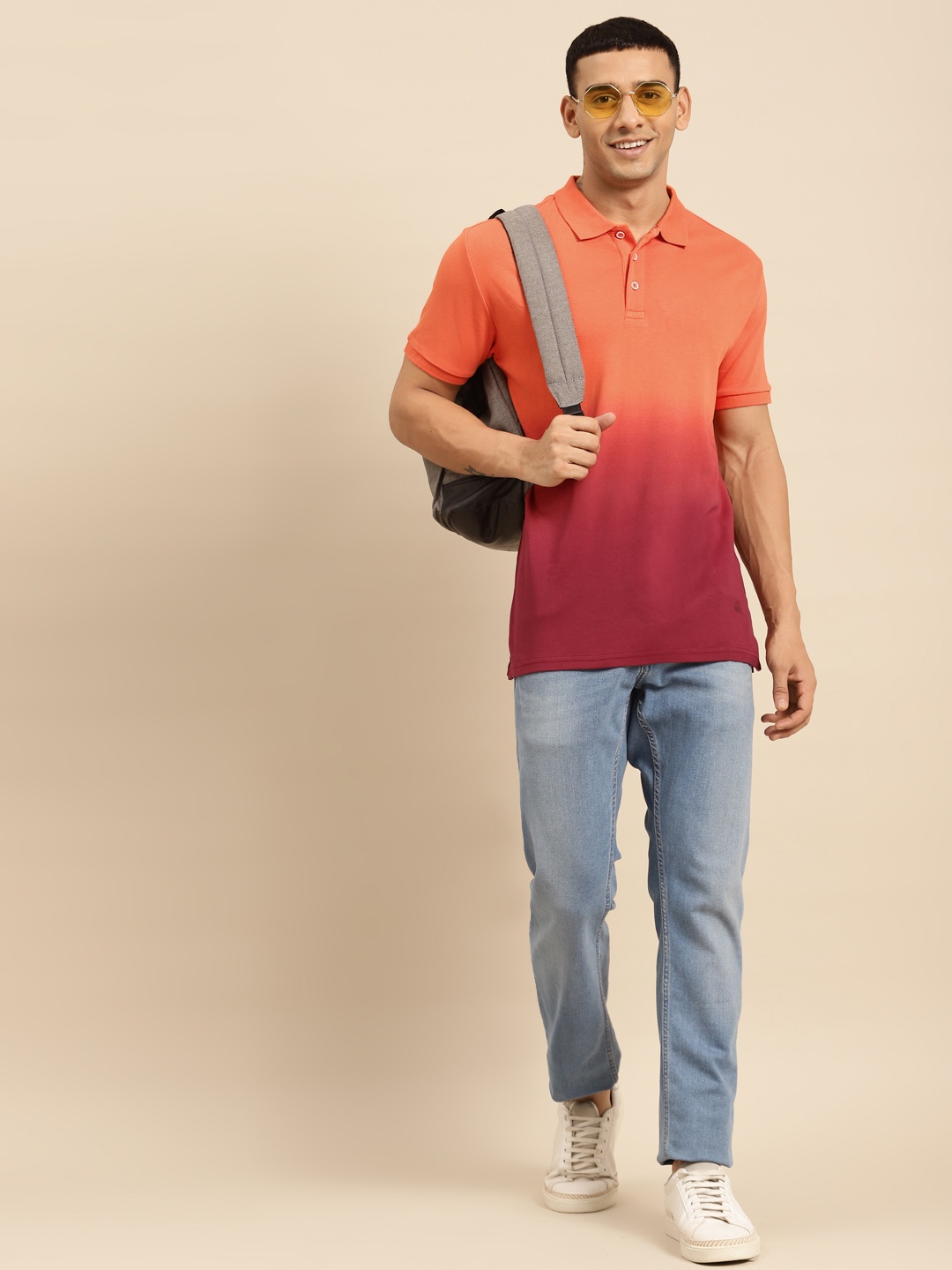 

United Colors of Benetton Men Rust Orange Ombre Polo Collar Pure Cotton T-shirt
