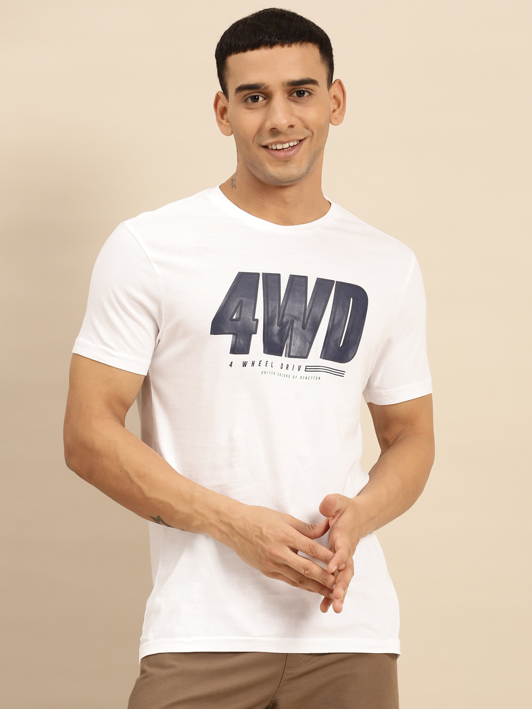 

United Colors of Benetton Men White & Navy Blue Typography Printed Pure Cotton T-shirt