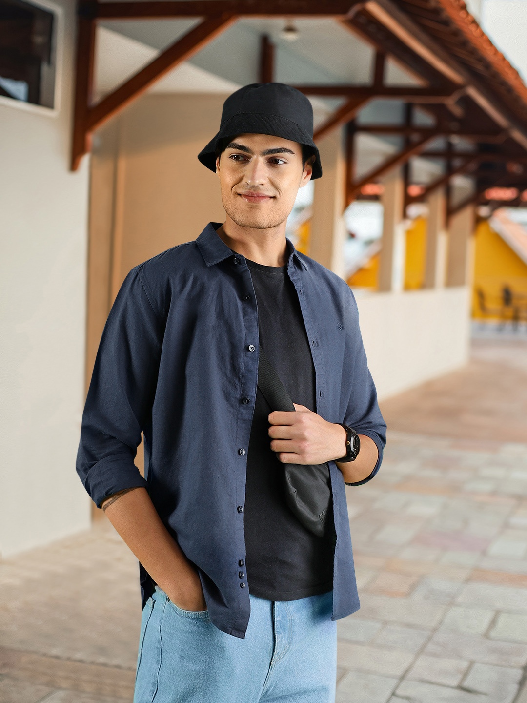 

United Colors of Benetton Men Navy Blue Slim Fit Linen Cotton Casual Shirt