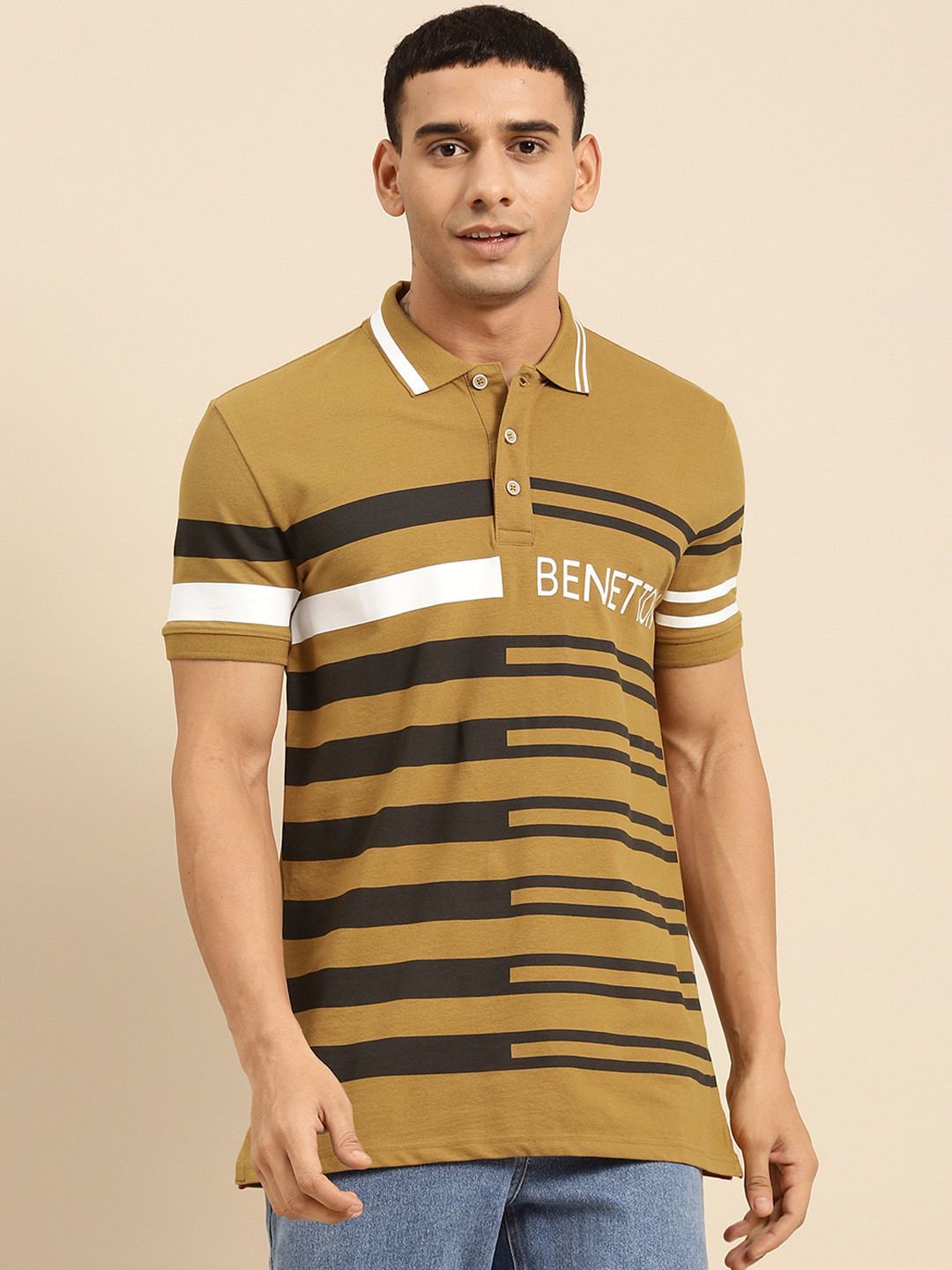 

United Colors of Benetton Men Khaki & Black Striped Polo Collar T-shirt