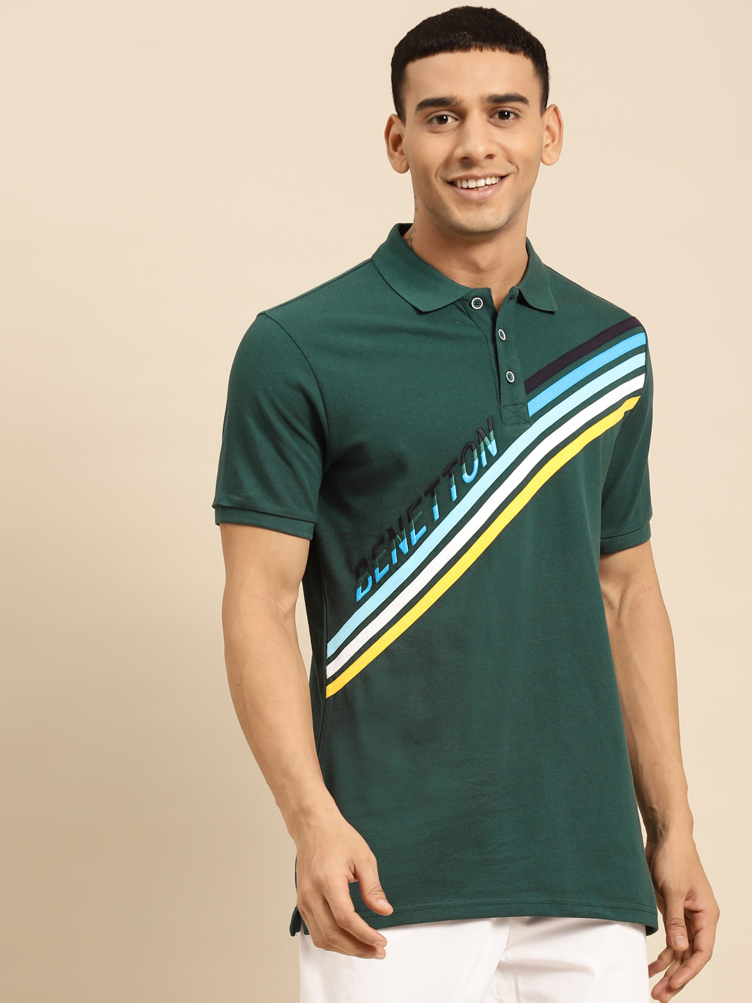

United Colors of Benetton Men Green & White Striped Polo Collar Pure Cotton T-shirt