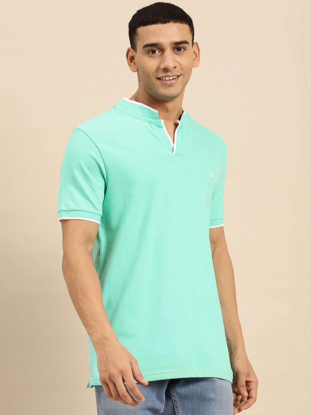 

United Colors of Benetton Men Sea Green Polo Collar T-shirt
