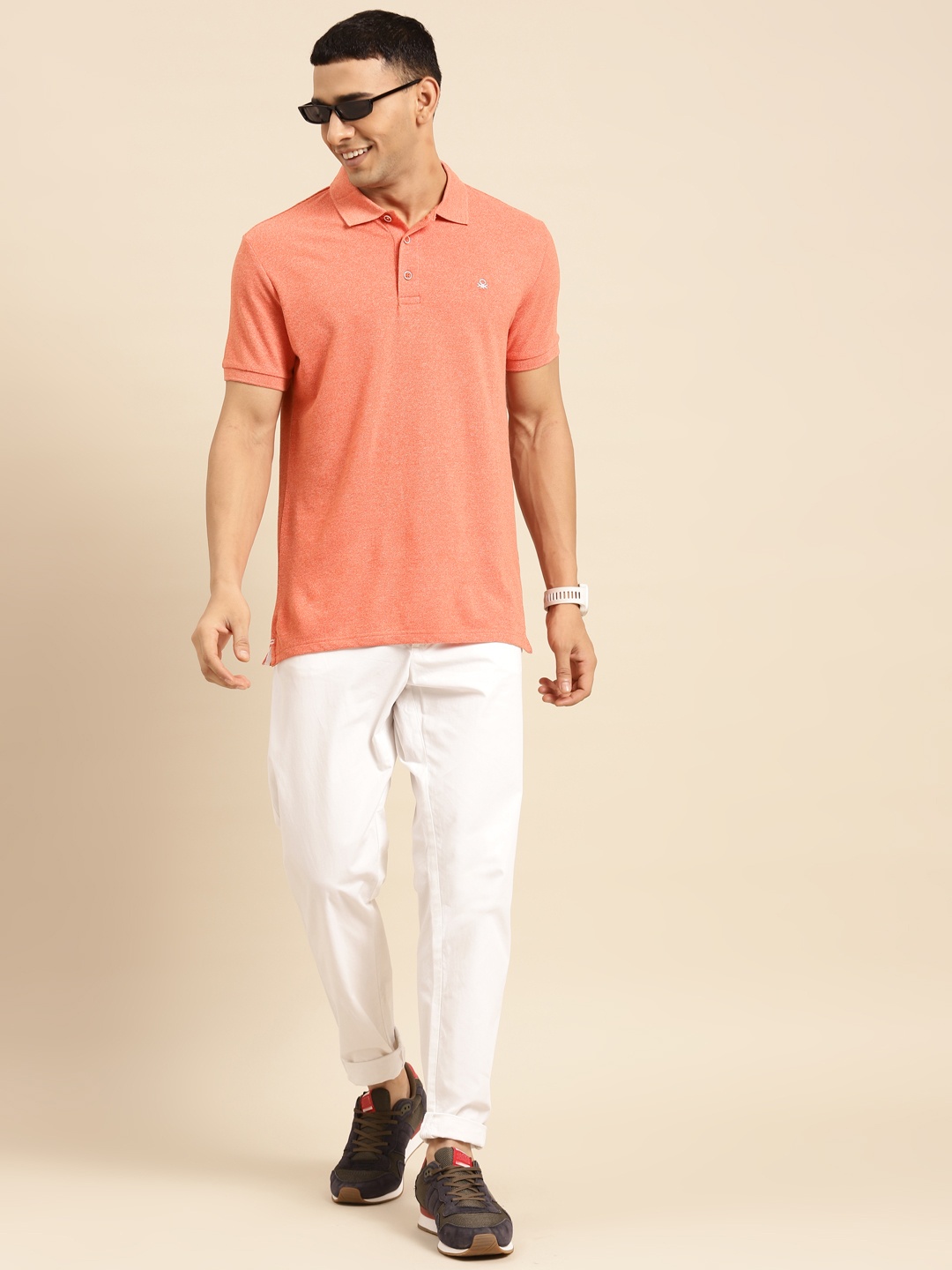 

United Colors of Benetton Men Peach-Coloured Solid Polo Collar T-shirt