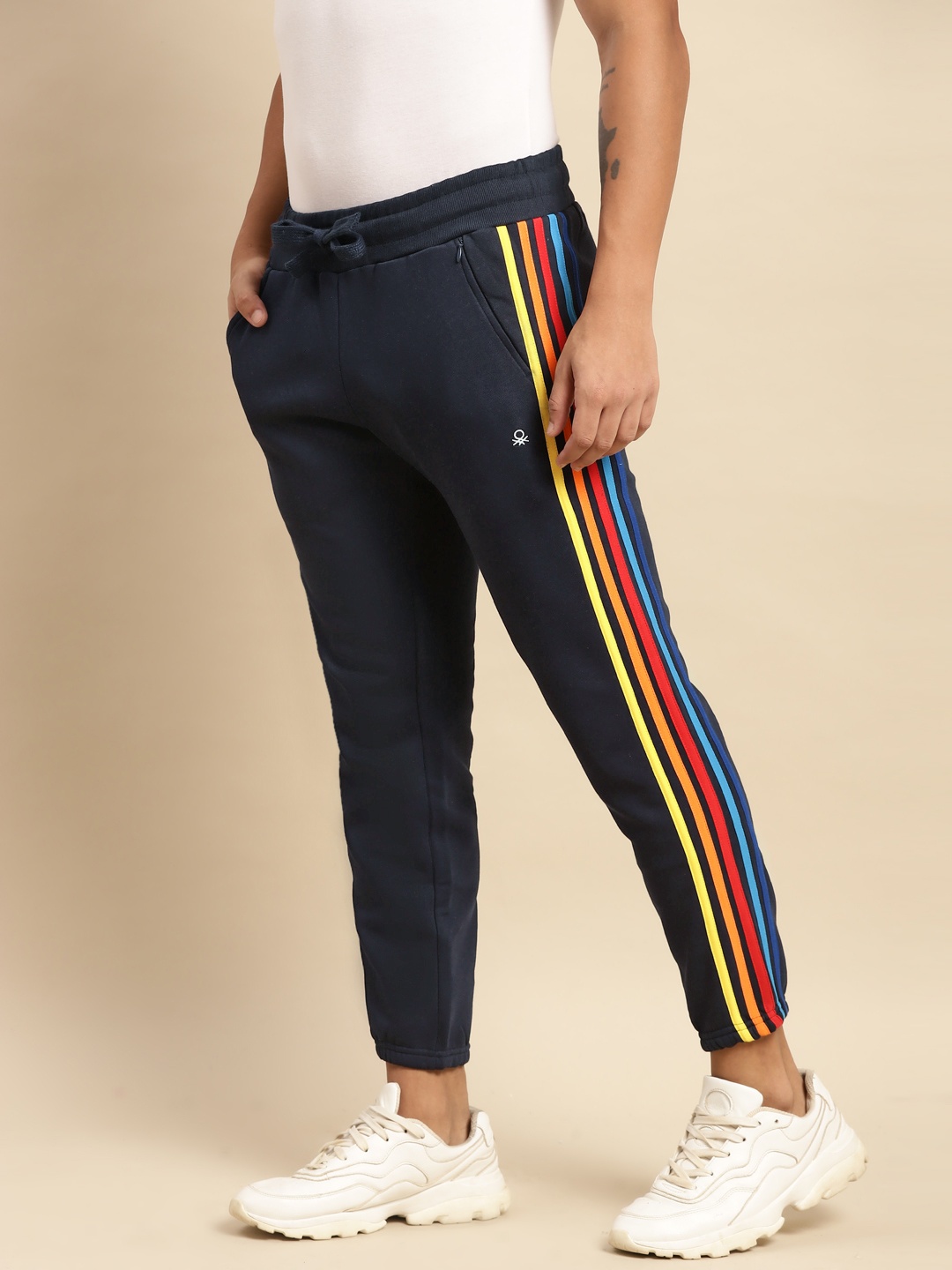 

United Colors of Benetton Men Navy Blue Solid Joggers with Side Stripe Detail