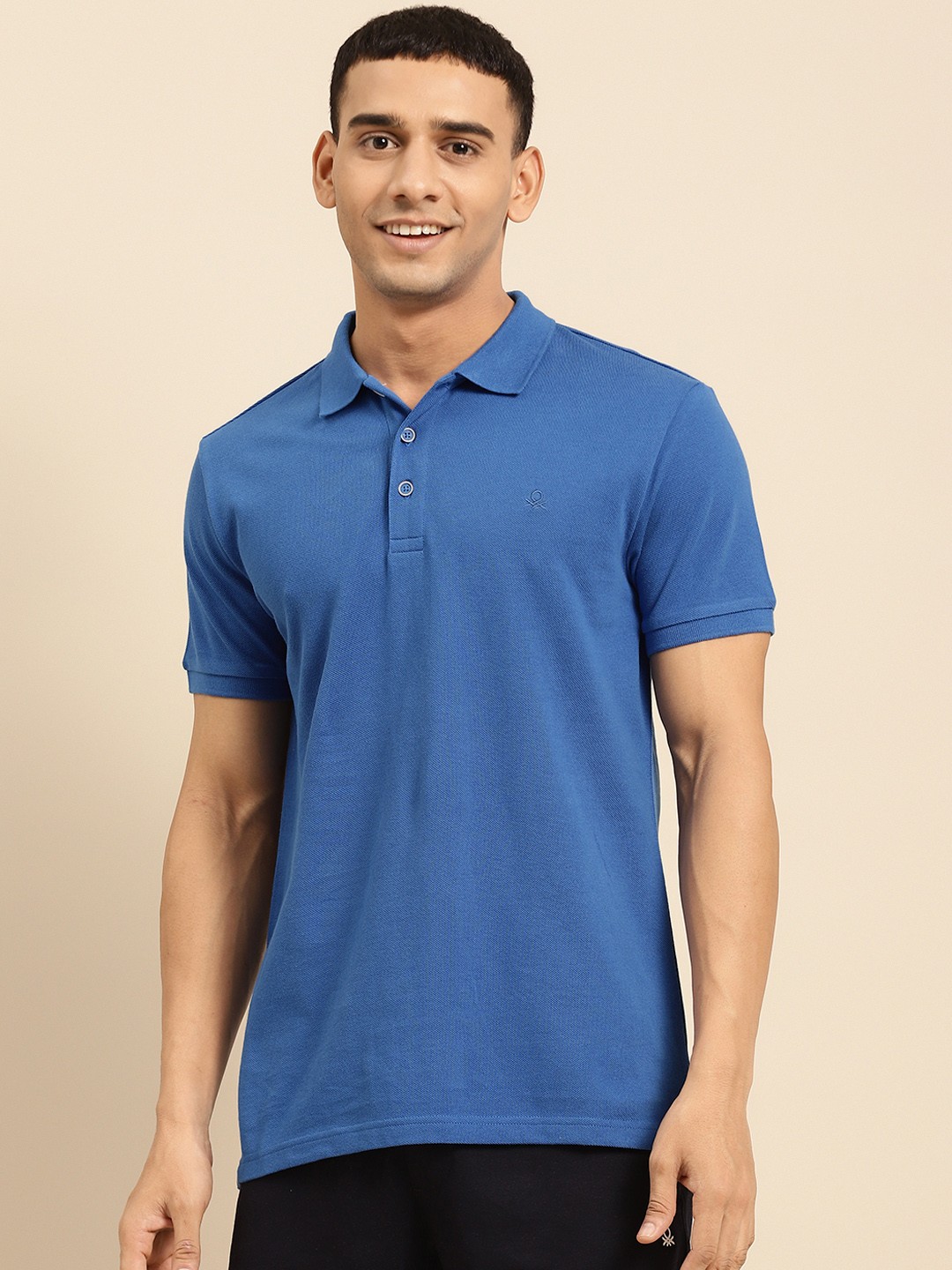 

United Colors of Benetton Men Blue Polo Collar Pure Cotton T-shirt