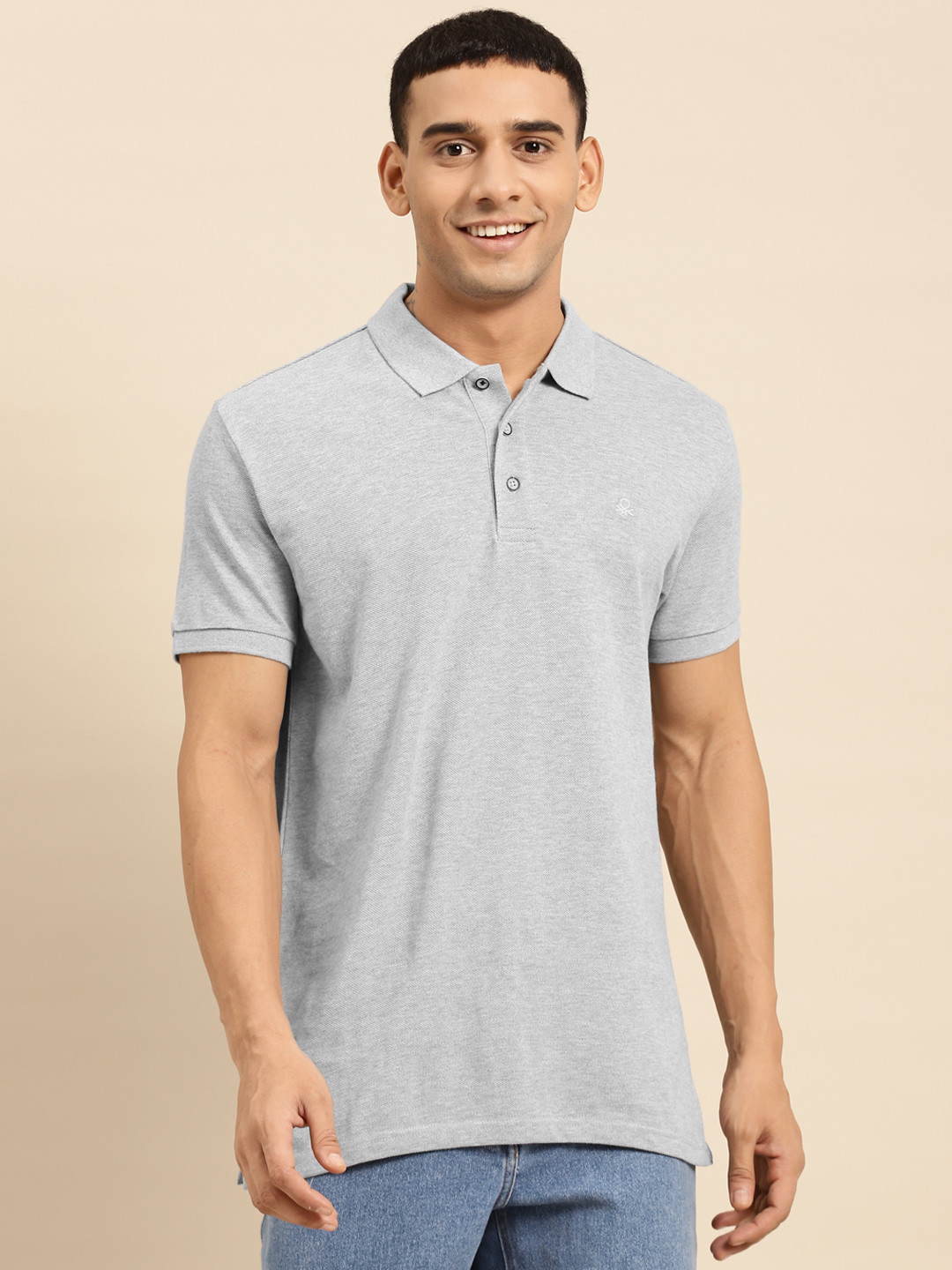 

United Colors of Benetton Men Grey Melange Solid Polo Collar Pure Cotton T-shirt