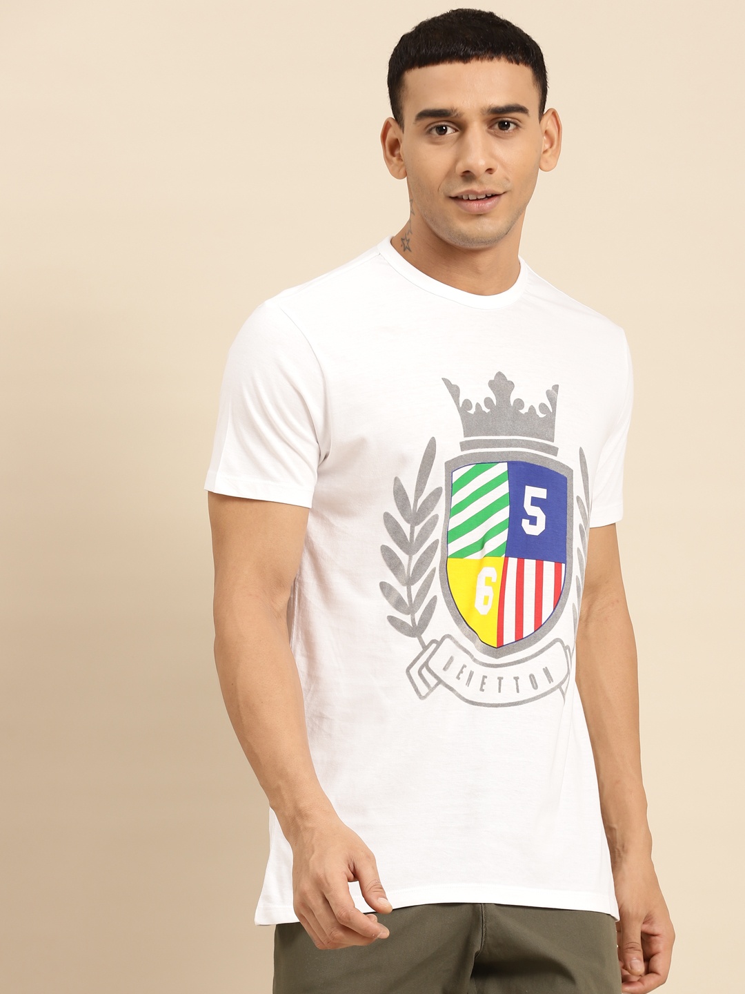 

United Colors of Benetton Men White Brand Logo Printed Pure Cotton T-shirt