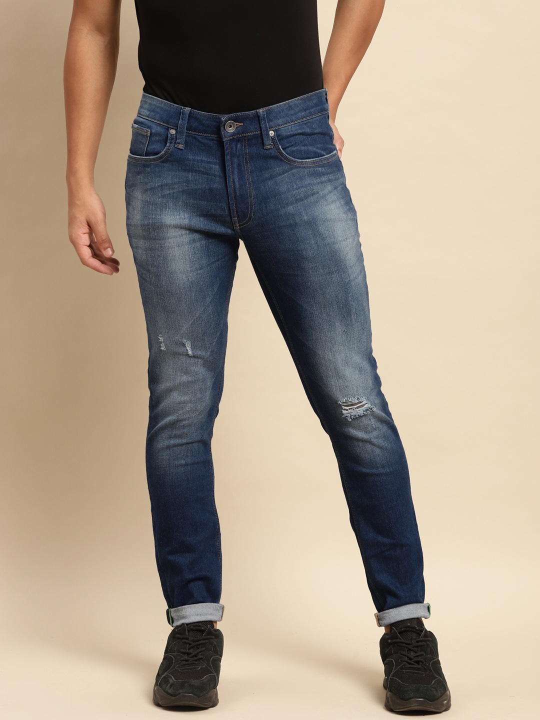 

United Colors of Benetton Men Navy Blue Skinny Fit Low Distress Stretchable Jeans