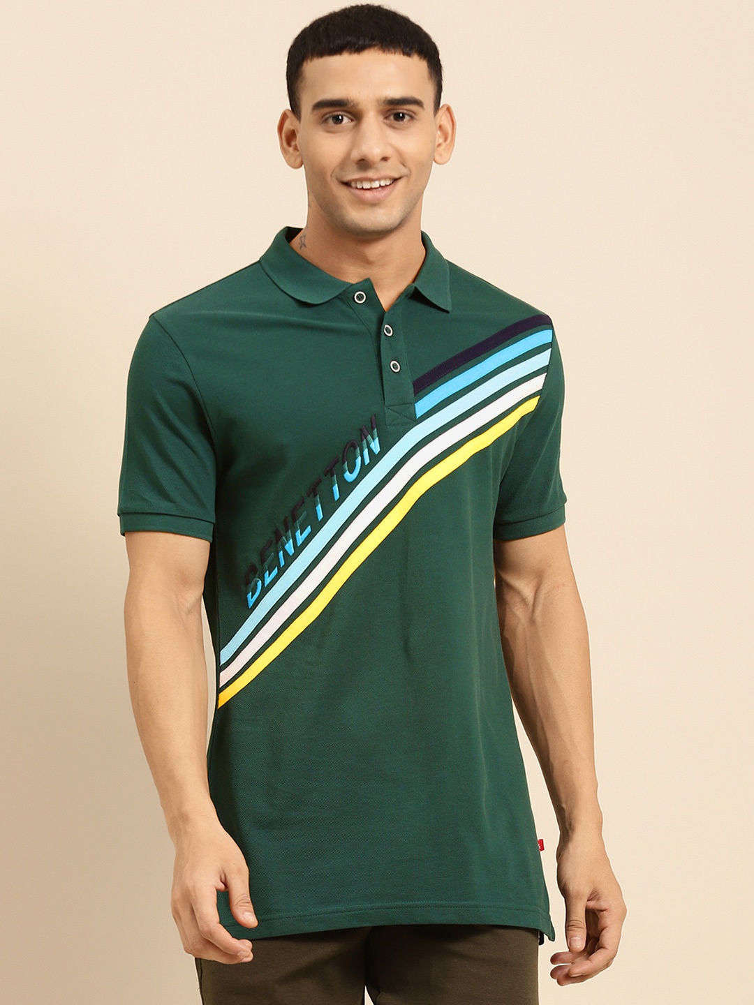 

United Colors of Benetton Men Green & White Striped Polo Collar Pure Cotton T-shirt
