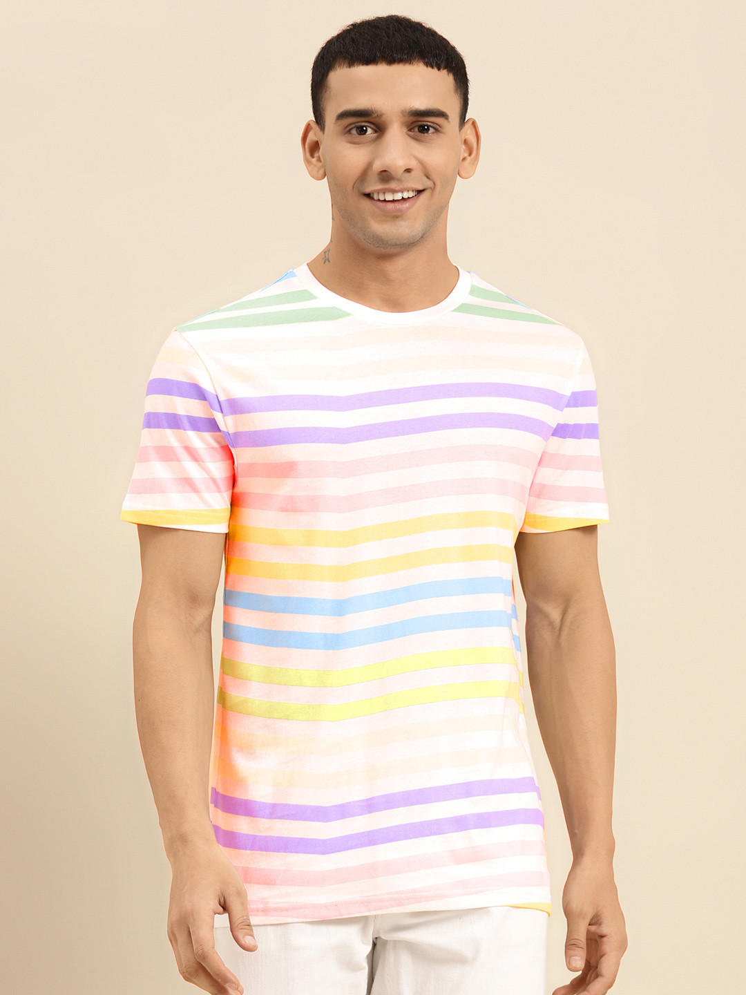 

United Colors of Benetton Men White & Yellow Striped Pure Cotton T-shirt