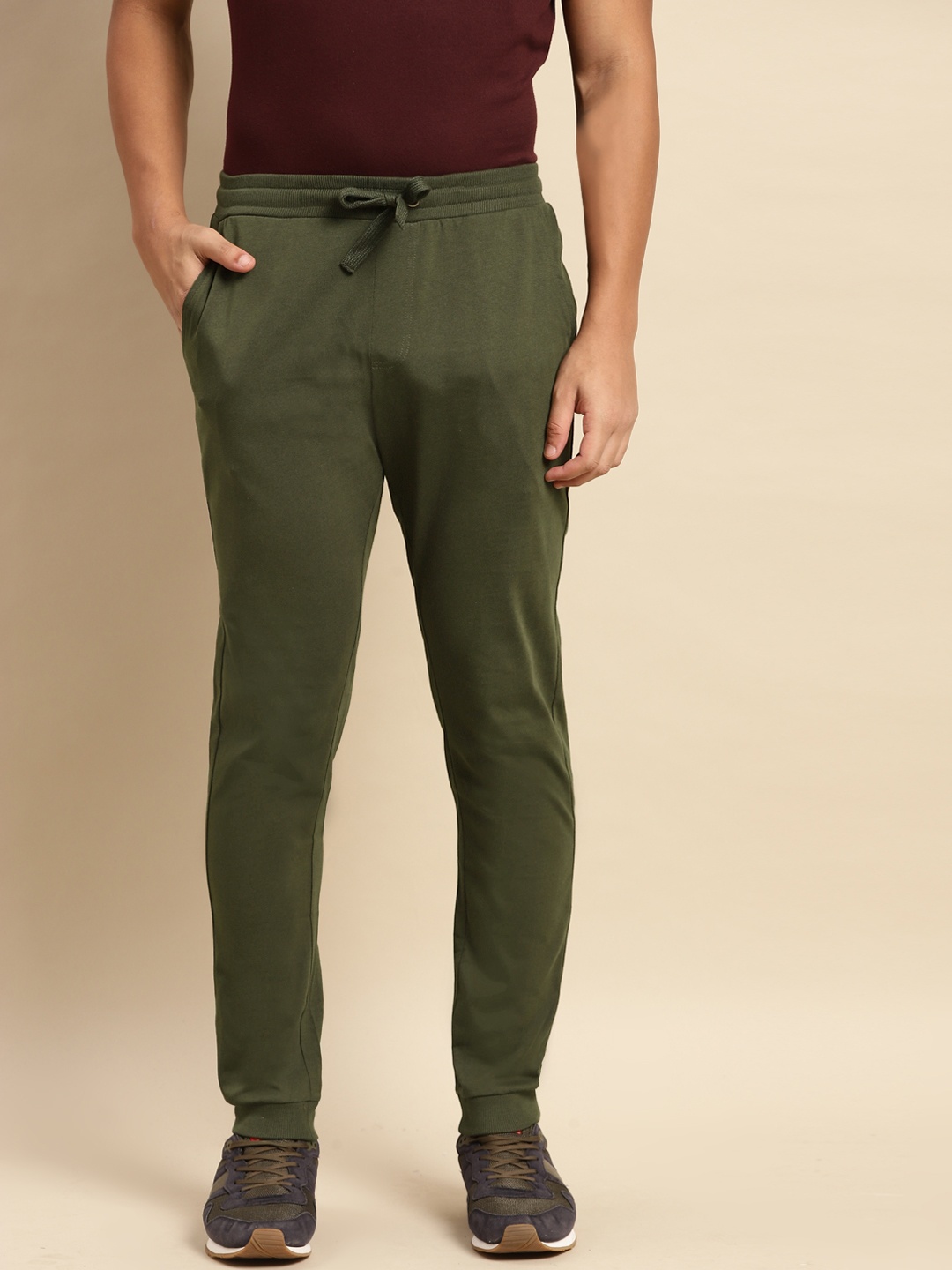 

United Colors of Benetton Men Olive Green Solid Pure Cotton Joggers