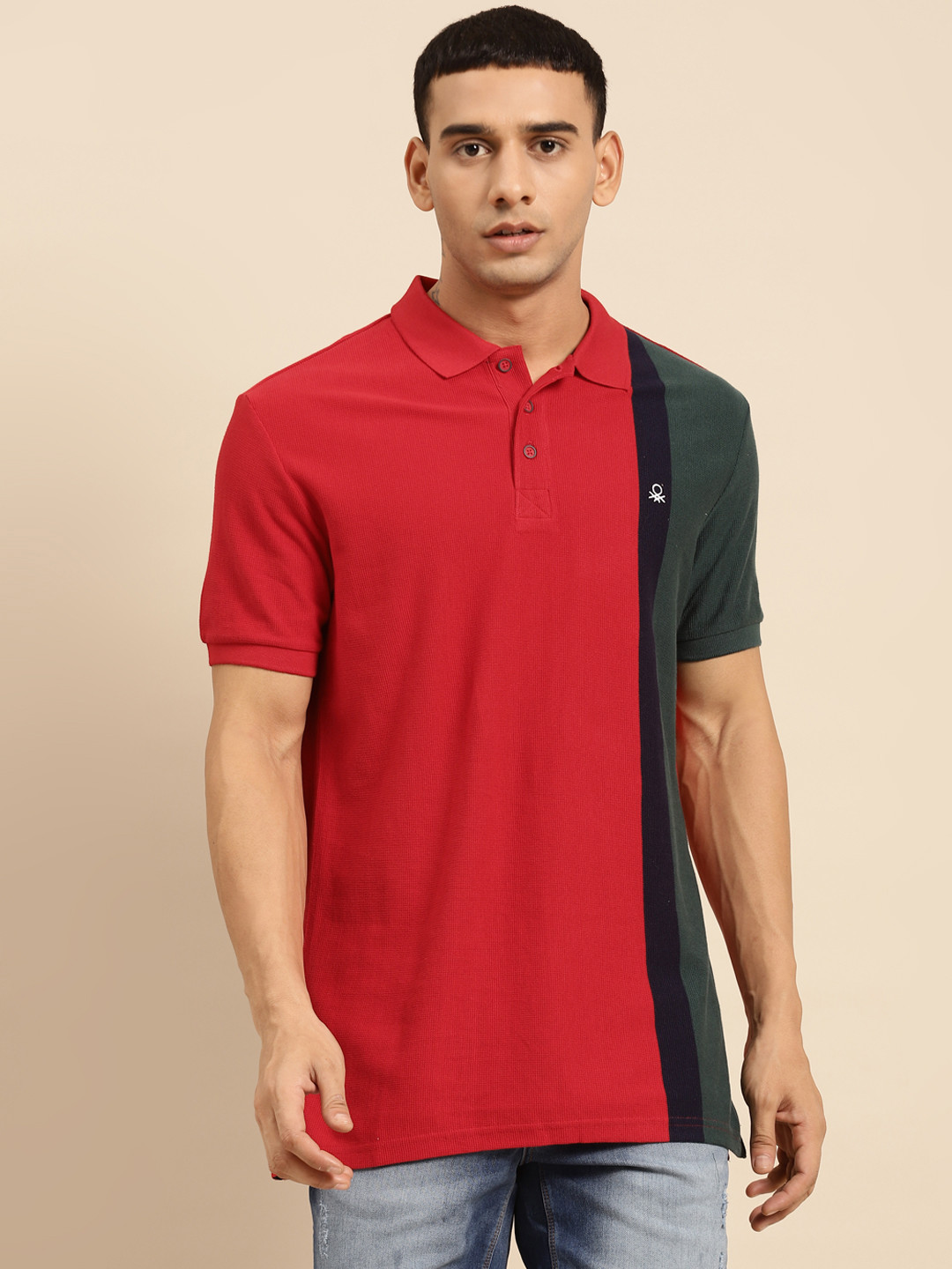 

United Colors of Benetton Men Red & Green Colourblocked Polo Collar Pure Cotton T-shirt