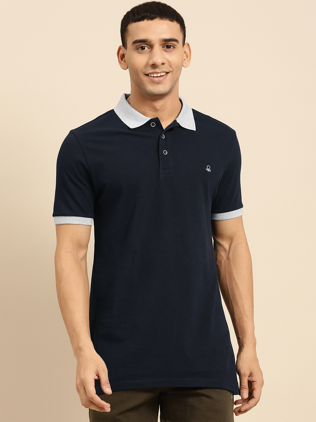 

United Colors of Benetton Men Navy Blue Solid Polo Collar Pure Cotton T-shirt