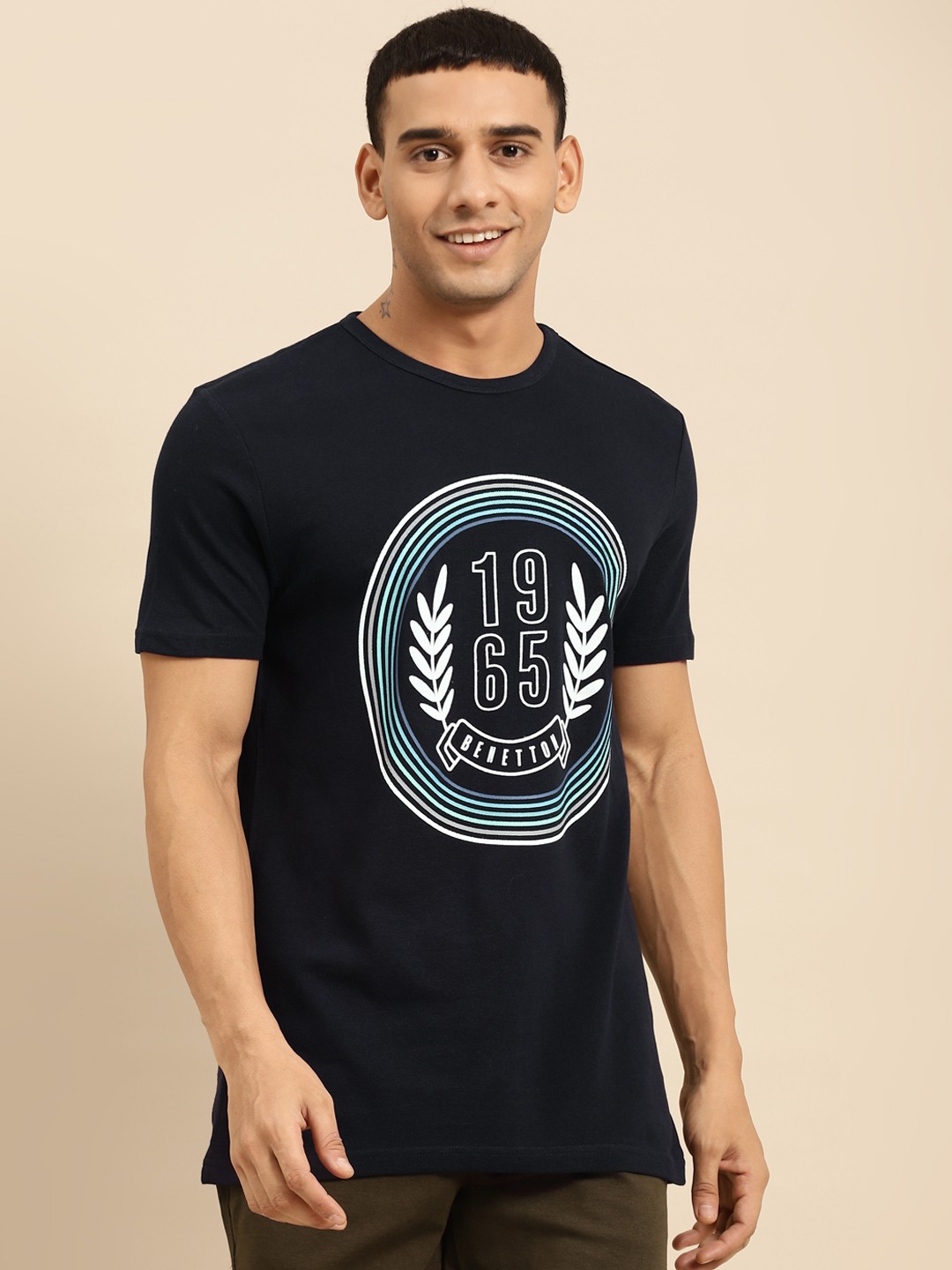 

United Colors of Benetton Men Navy Blue Brand Logo Printed Pure Cotton T-shirt