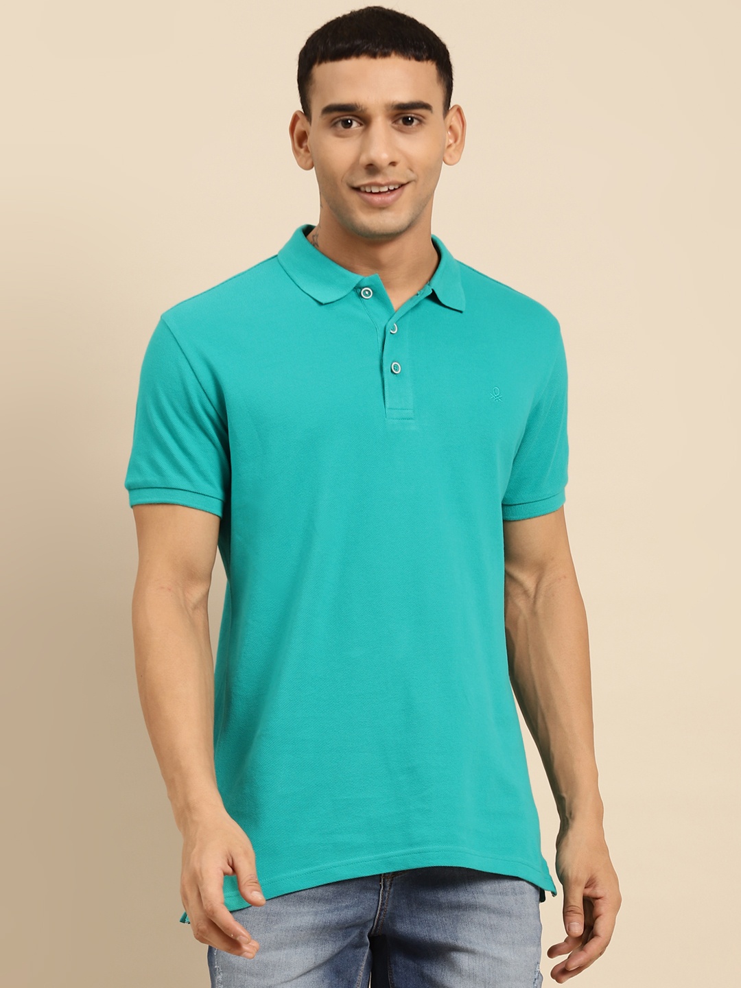 

United Colors of Benetton Men Green Solid Polo Collar Pure Cotton T-shirt