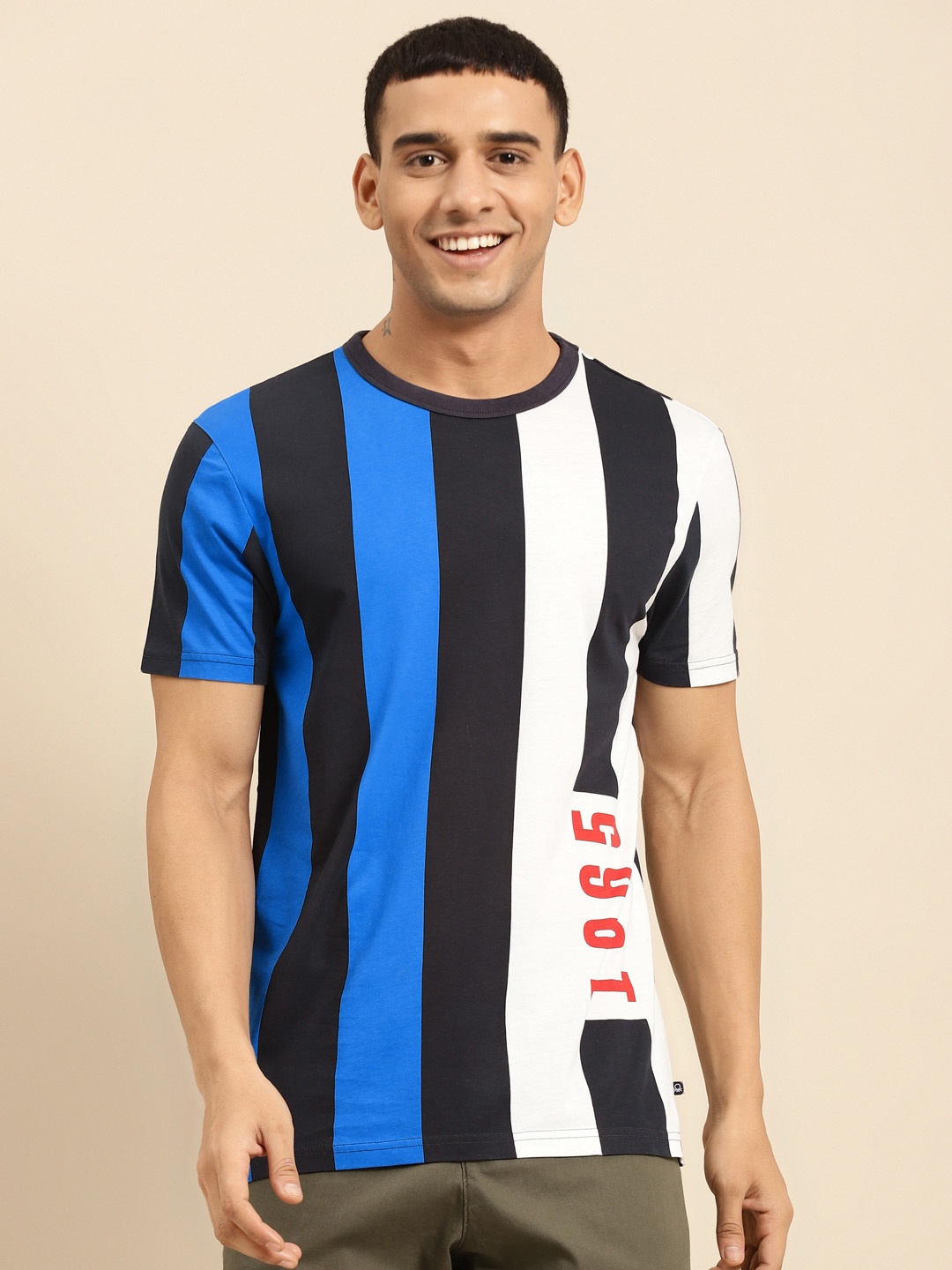

United Colors of Benetton Men Navy Blue & White Striped Pure Cotton T-shirt