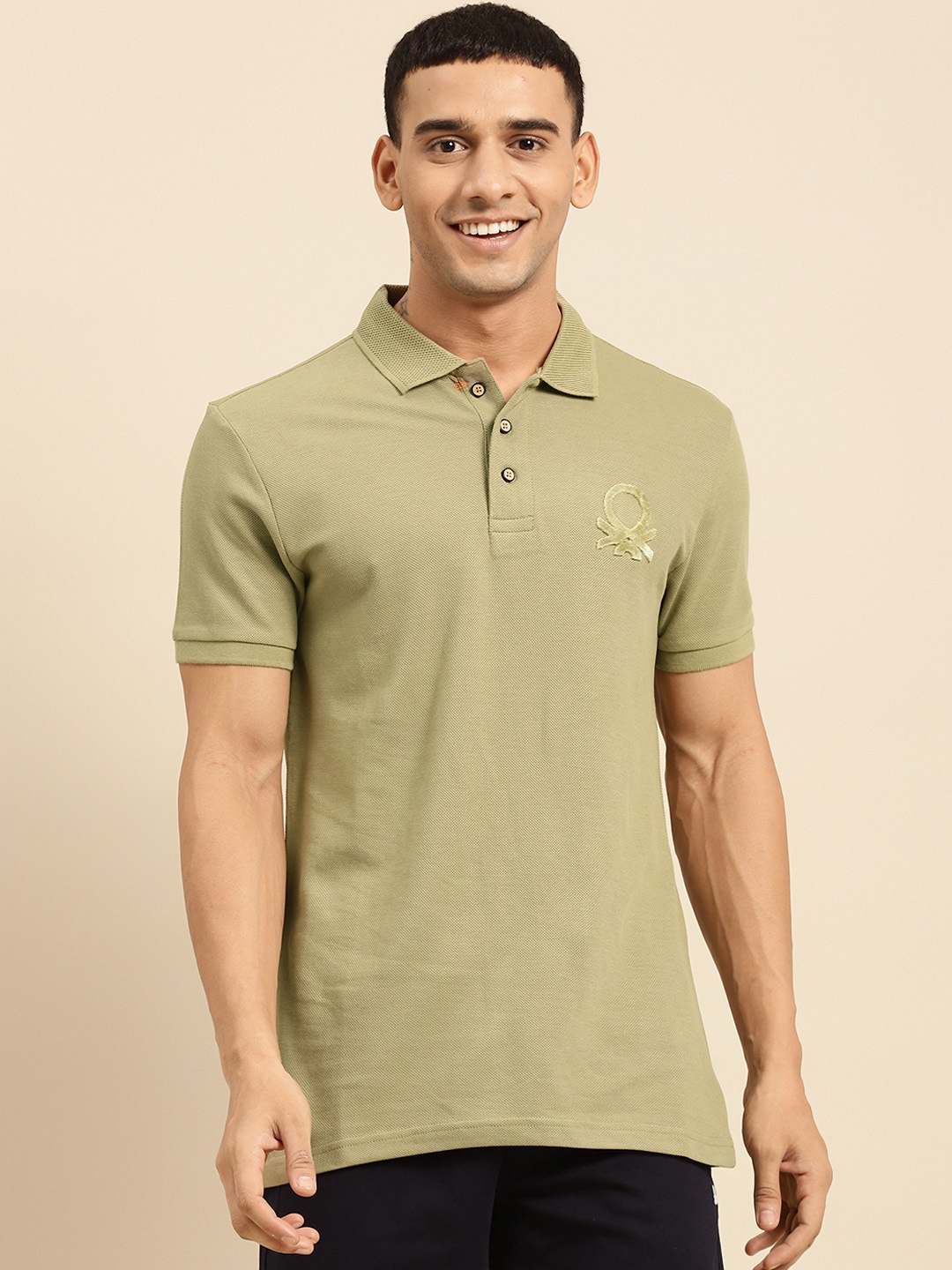 

United Colors of Benetton Men Khaki Solid Polo Collar Pure Cotton T-shirt