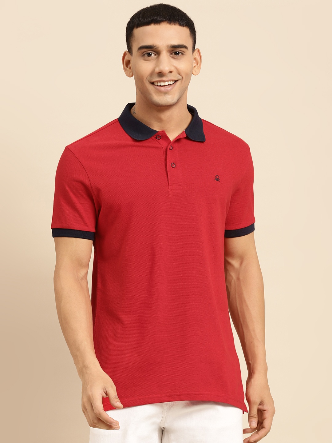 

United Colors of Benetton Men Red Solid Polo Collar Pure Cotton T-shirt