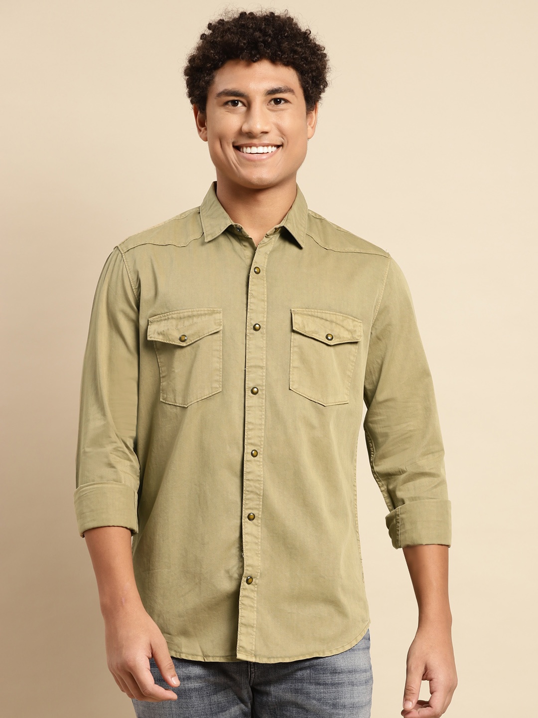

United Colors of Benetton Men Khaki Solid Pure Cotton Casual Shirt