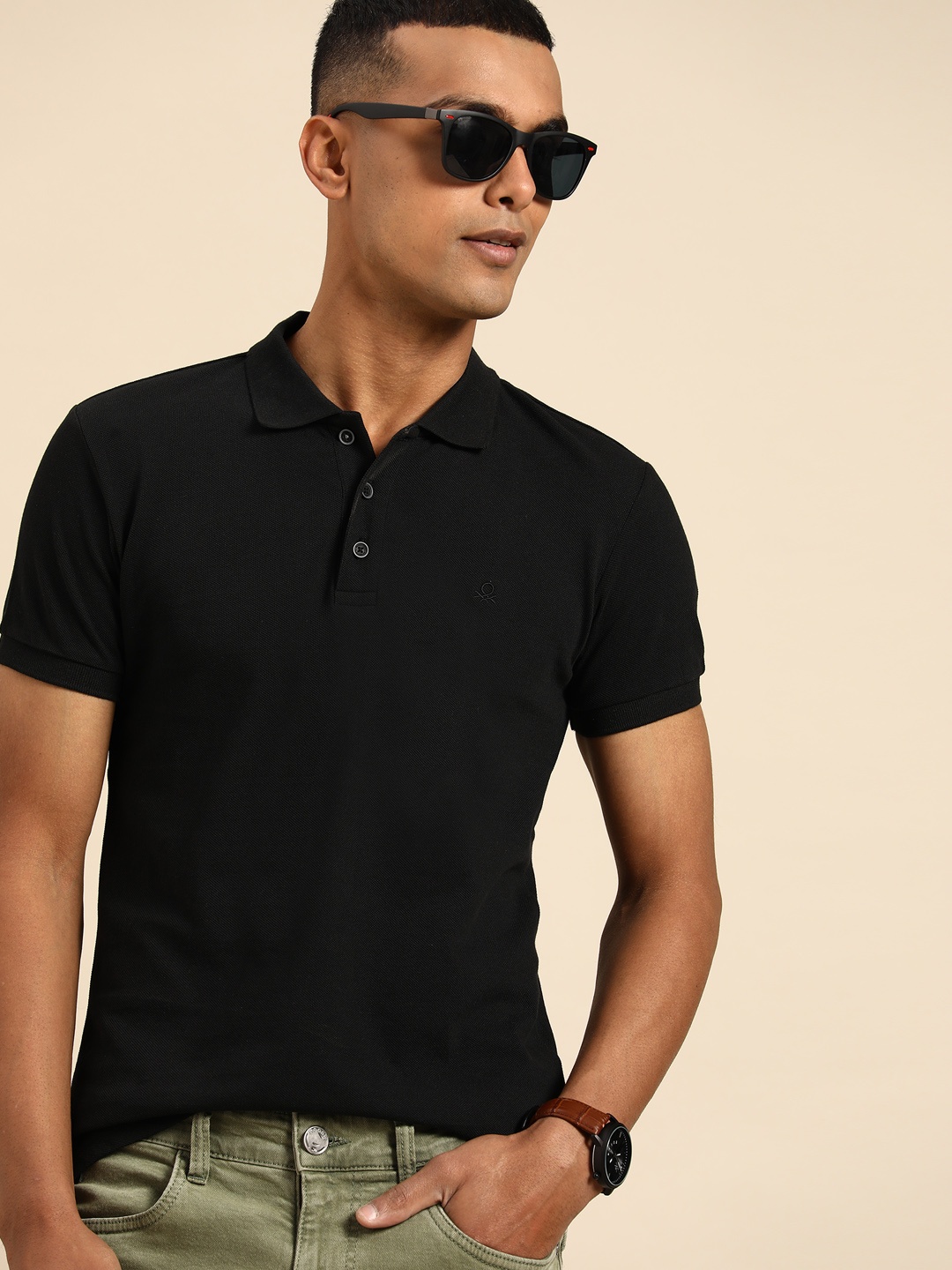 

United Colors of Benetton Men Solid Polo Collar Pure Cotton T-shirt, Black