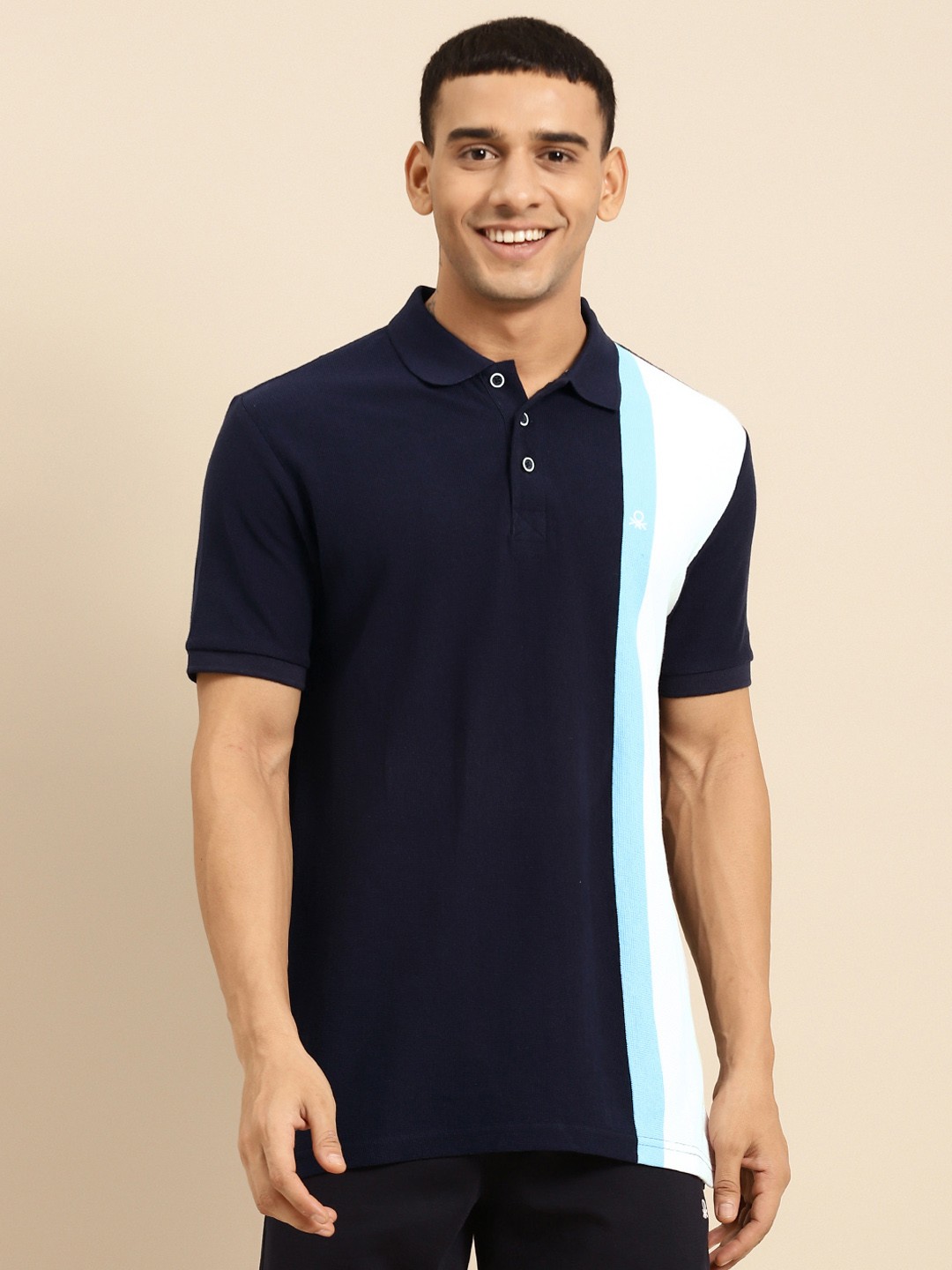 United Colors of Benetton Men Navy Blue & White Striped Polo Collar Pure Cotton T-shirt