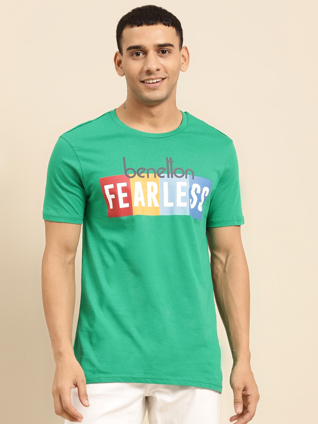 

United Colors of Benetton Men Green & Yellow Typography Printed Polo Collar Pure Cotton T-shirt