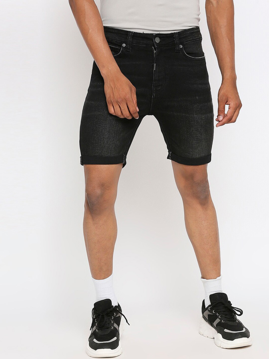 

LOVEGEN Men Black Washed Skinny Fit Denim Shorts