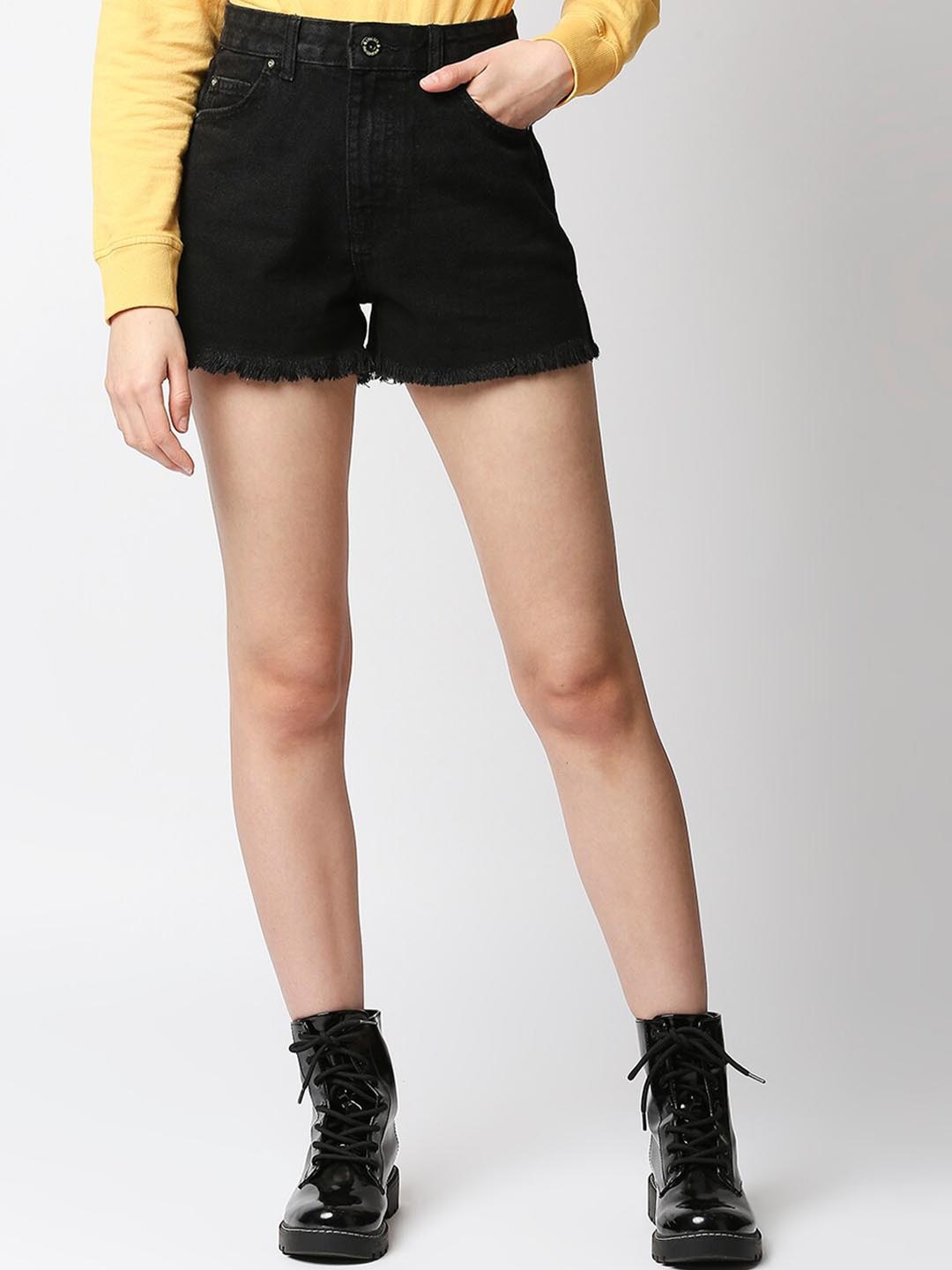 

LOVEGEN Women Black High-Rise Denim Shorts
