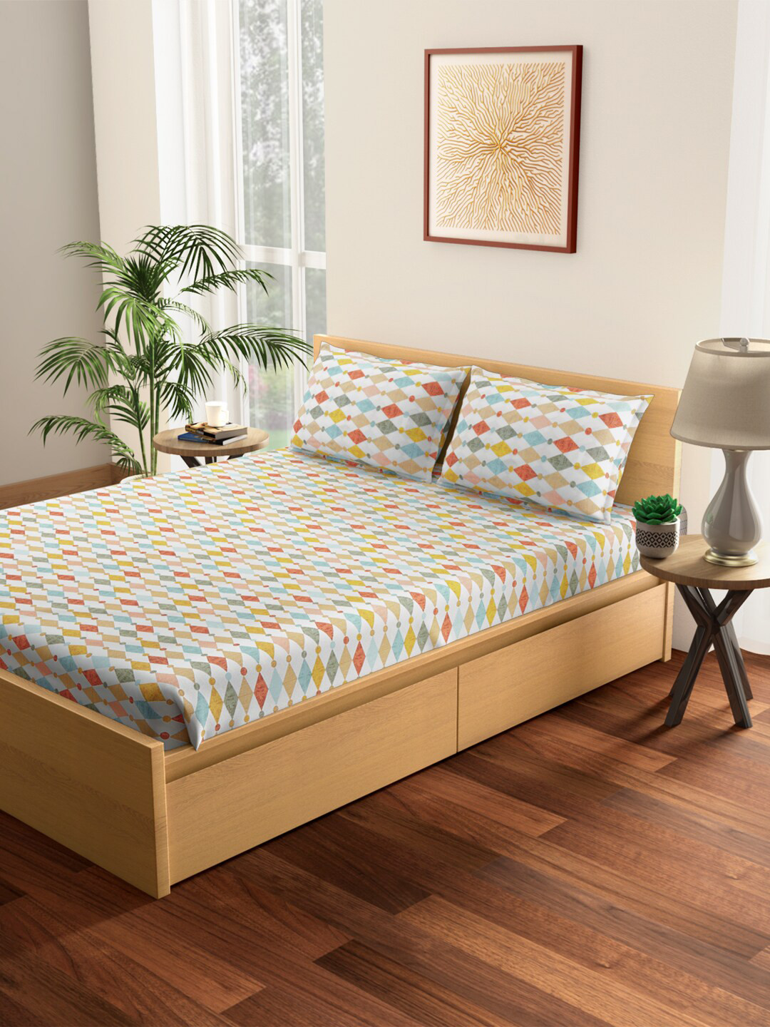 

Living scapes by Pantaloons Off White & Blue 128 TC Queen Bedsheet With 2 Pillow Covers